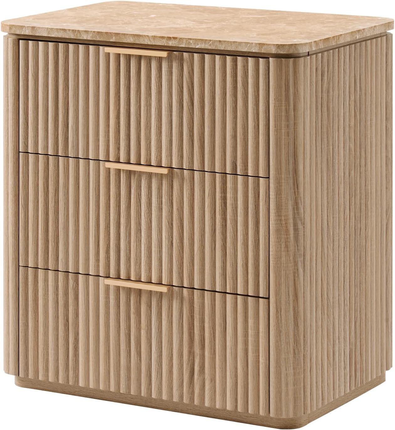 Fluted Night Stand, 23"W Nightstand with 3 Drawers, Wood Bed Side Table with Faux Marble-Top, Curved Profile Design, Metal Handle, Modern Bedside Table for Bedroom, Living Room End Table, Natural Oak