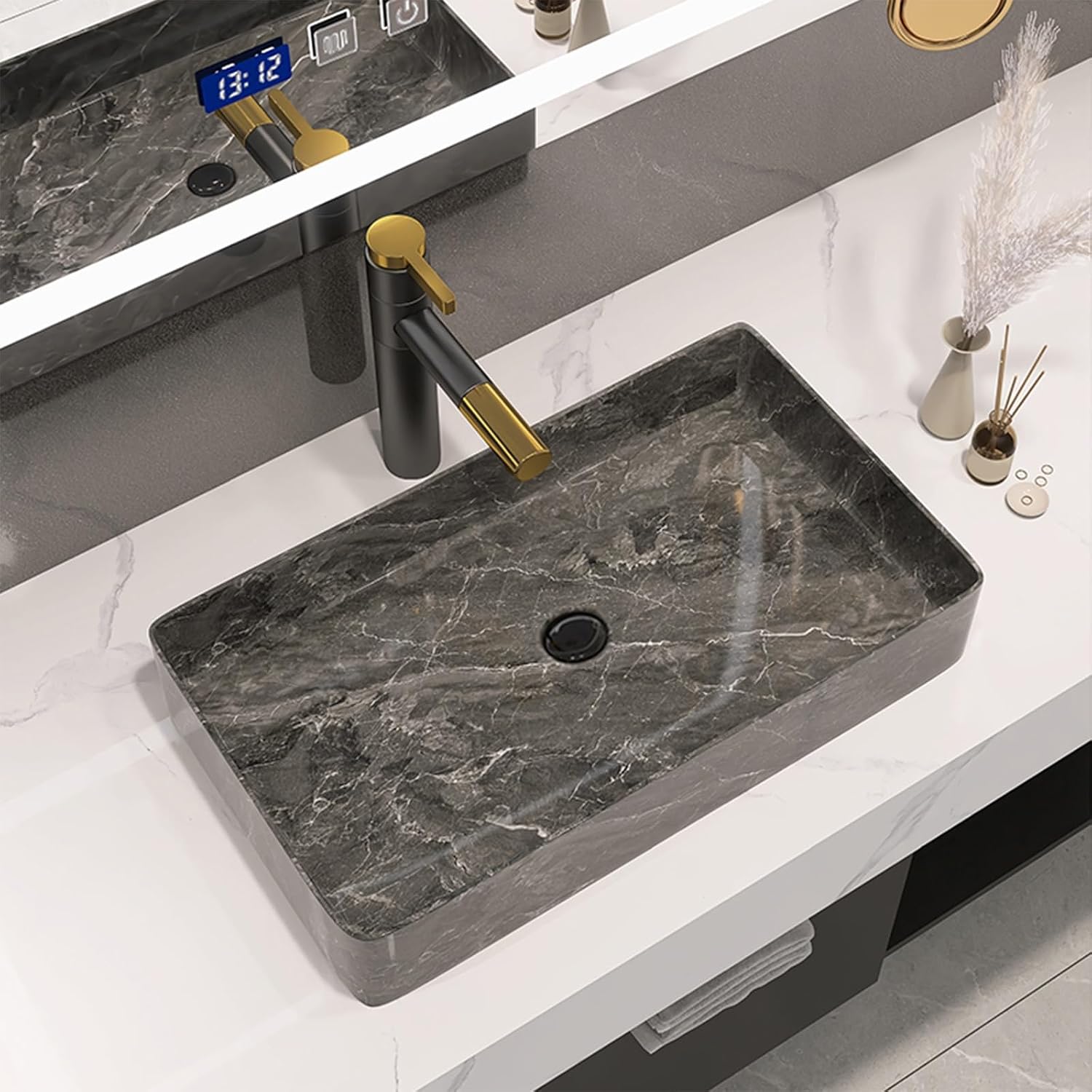 Ceramic Bathroom Vessel Sink, Vanity Sink with Ceramic Drain and Easy to Clean, Ceramics Bathrooms Countertop Basin, Artistic Basin(Black,Medium)