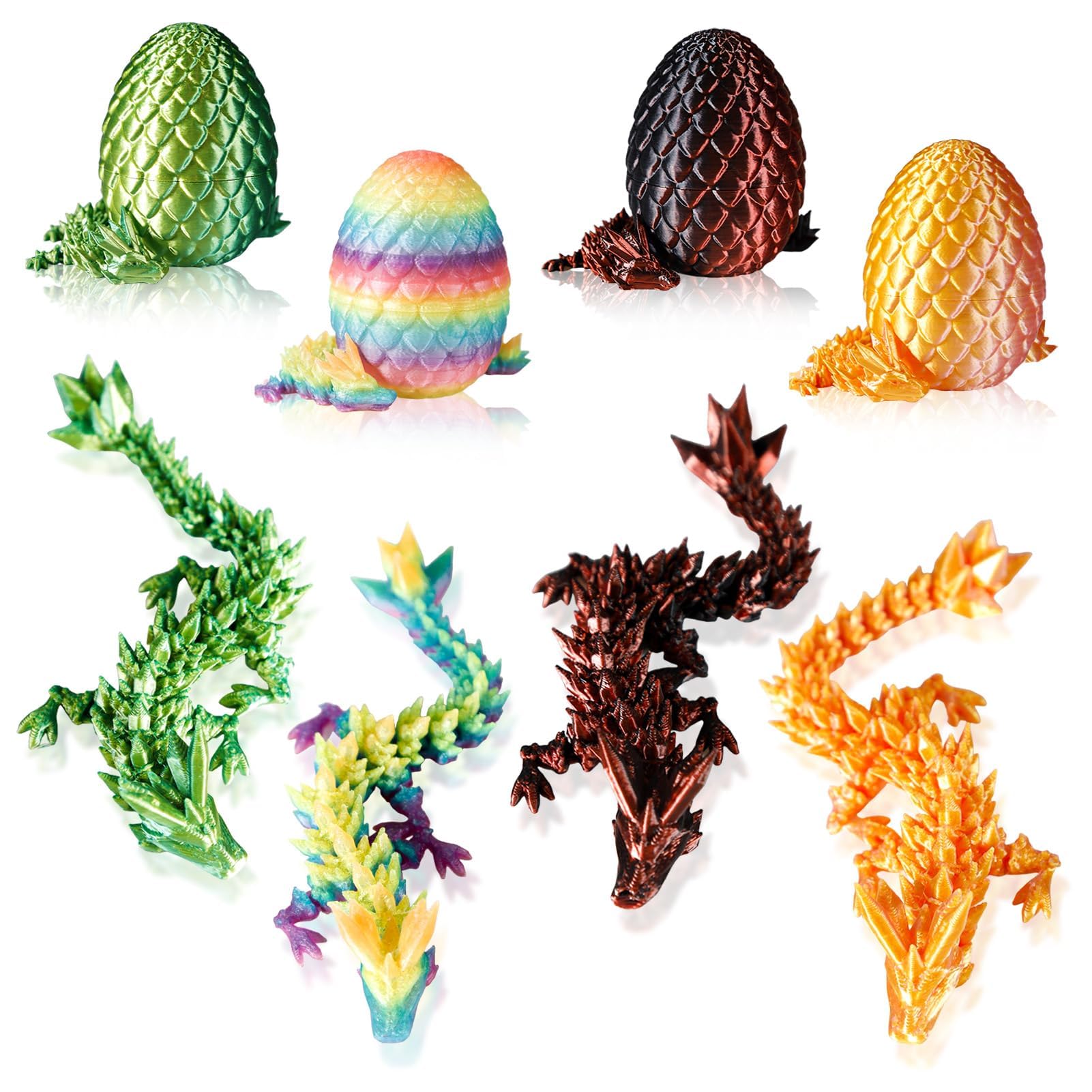 3D Printed Dragon Eggs, 4Pcs Egg 3D Printed Animals Set, Full Articulated Crystal Dragon With Egg, 3D Dragon Egg with Dragon Inside, Easter Flexible Joints Fidget Toy for Party Gift, Fantasy Decor
