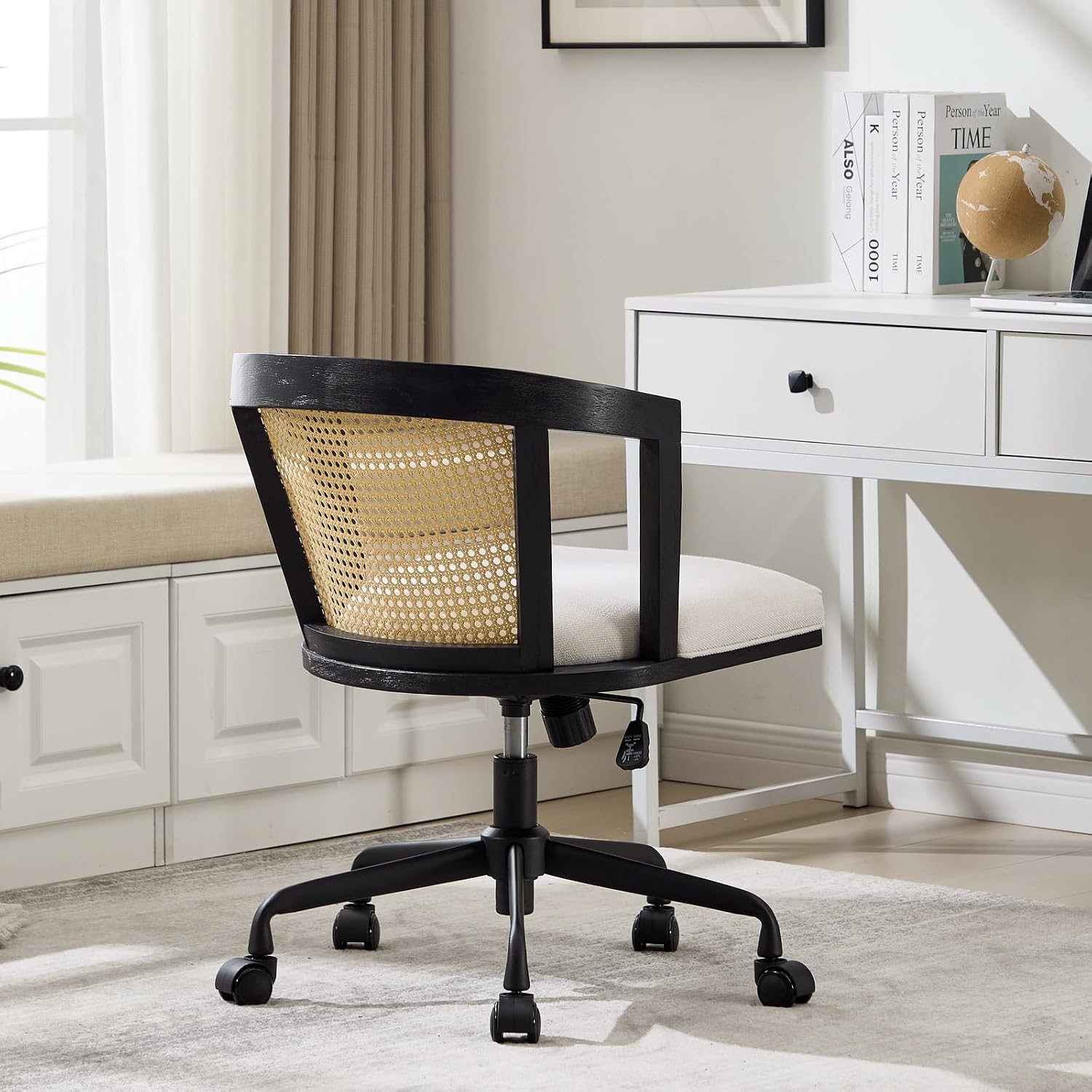 BESTANO Rattan Home Office Chair Desk Chair with Wheels, Linen Upholstered Adjustable Swivel Rolling Height Computer Task Chair with Armrest for Living Room Bedroom Study Room, Black Wood Frame