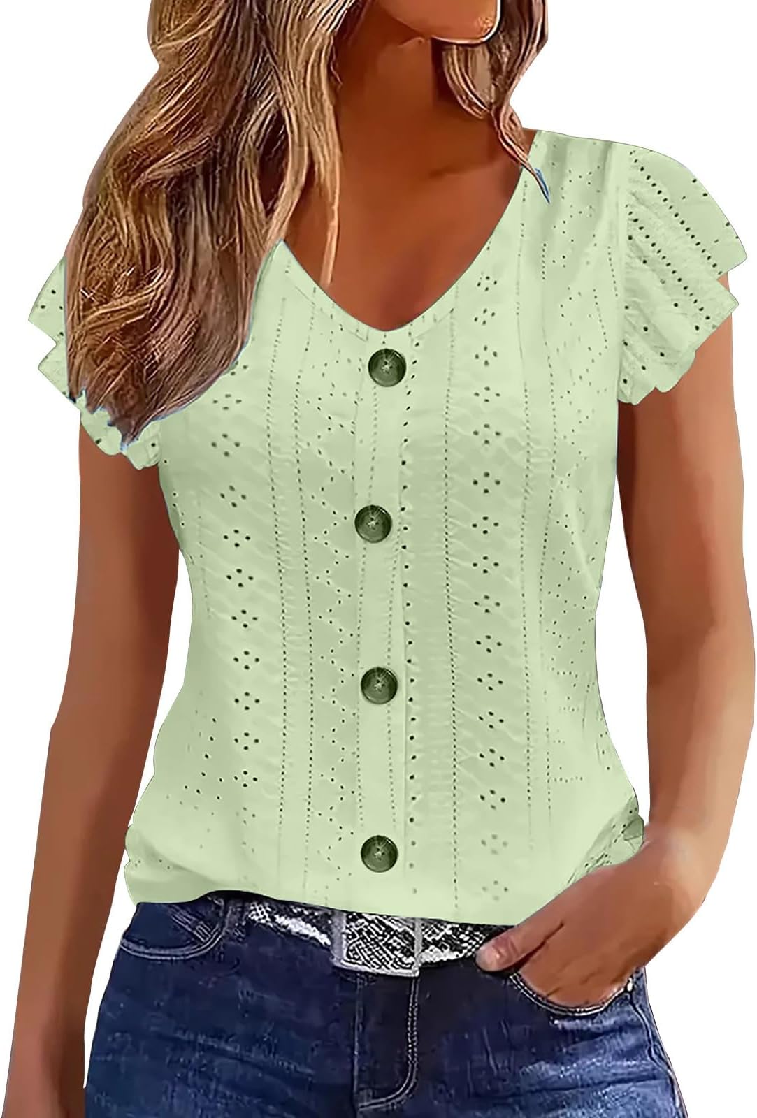Womens Tunic Tops - Ladies Summer Casual Loose Dressy Blouse, Elegant Ruffle Short Sleeve V Neck Button Down T Shirt, Lace Eyelet Hollow Out Embroidery, Soft Tee Work Office Beach Travel UK Size 8-16