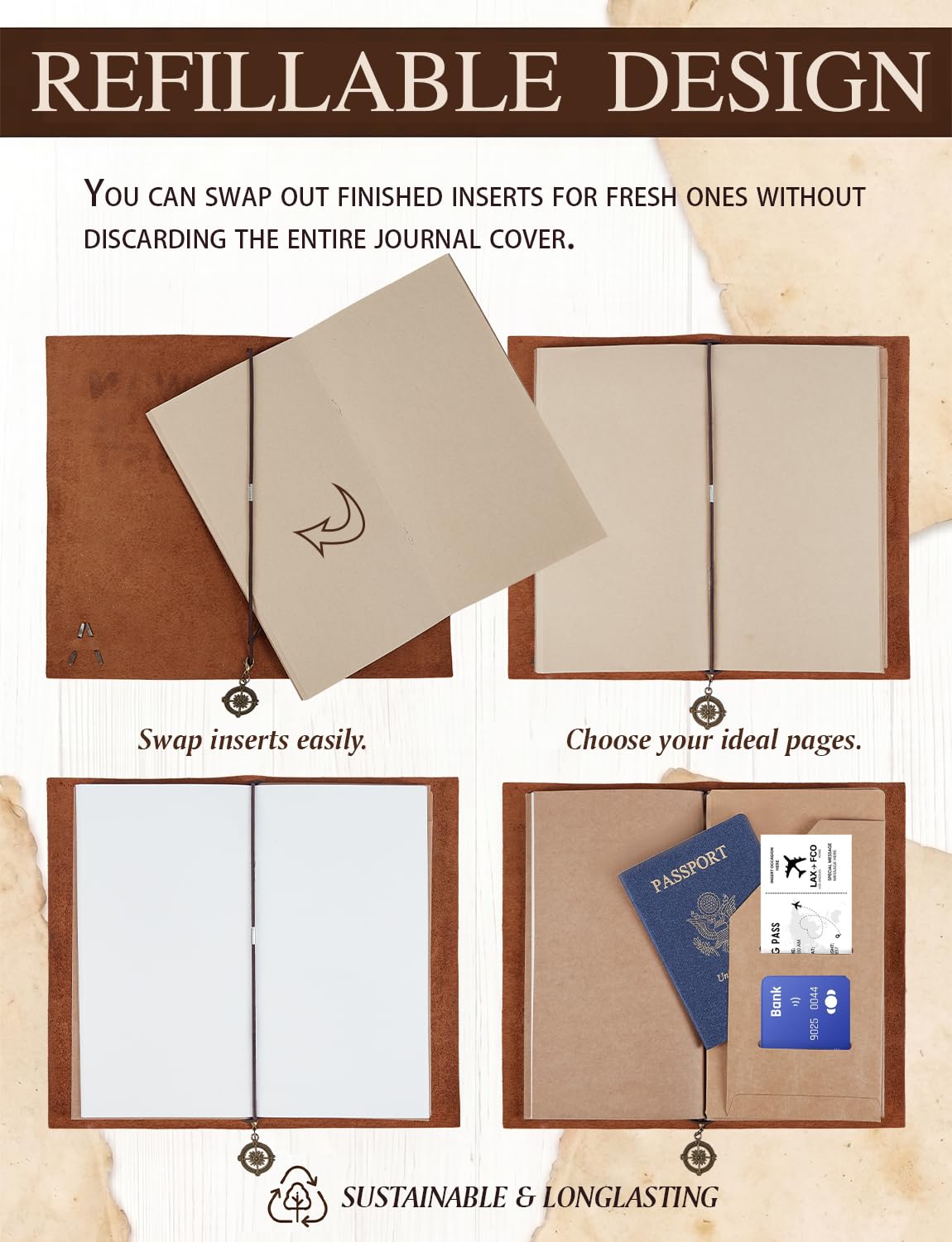 Refillable Genuine Leather Vintage Travelers Notebook with Initials (S) | Diario di viaggio con 3 inserti, 1 portapenne, 1 clip, regalo personalizzato per donne e uomini, compleanno, Natale