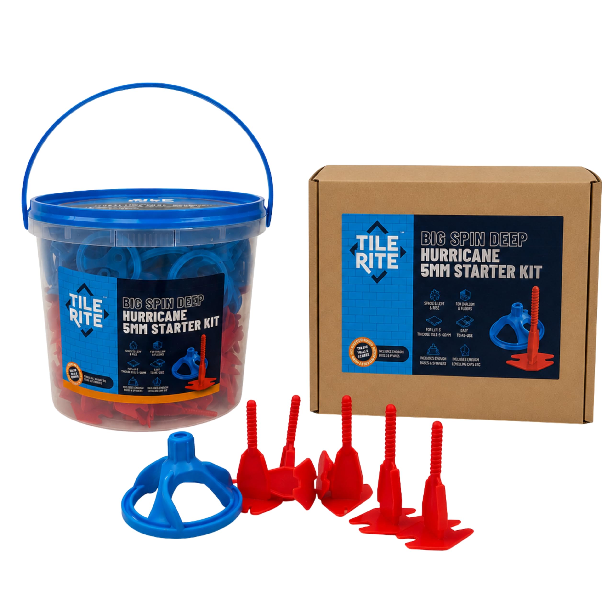 Big Spin Hurricane 5mm Tile Levelling System Kit – 700 Piece Set (175 Caps + 525 Spacer Bases) – Pro Tile Leveling Clips for Large Format Floor & Wall Tiles Up to 25mm – Reusable Tiling Spacers