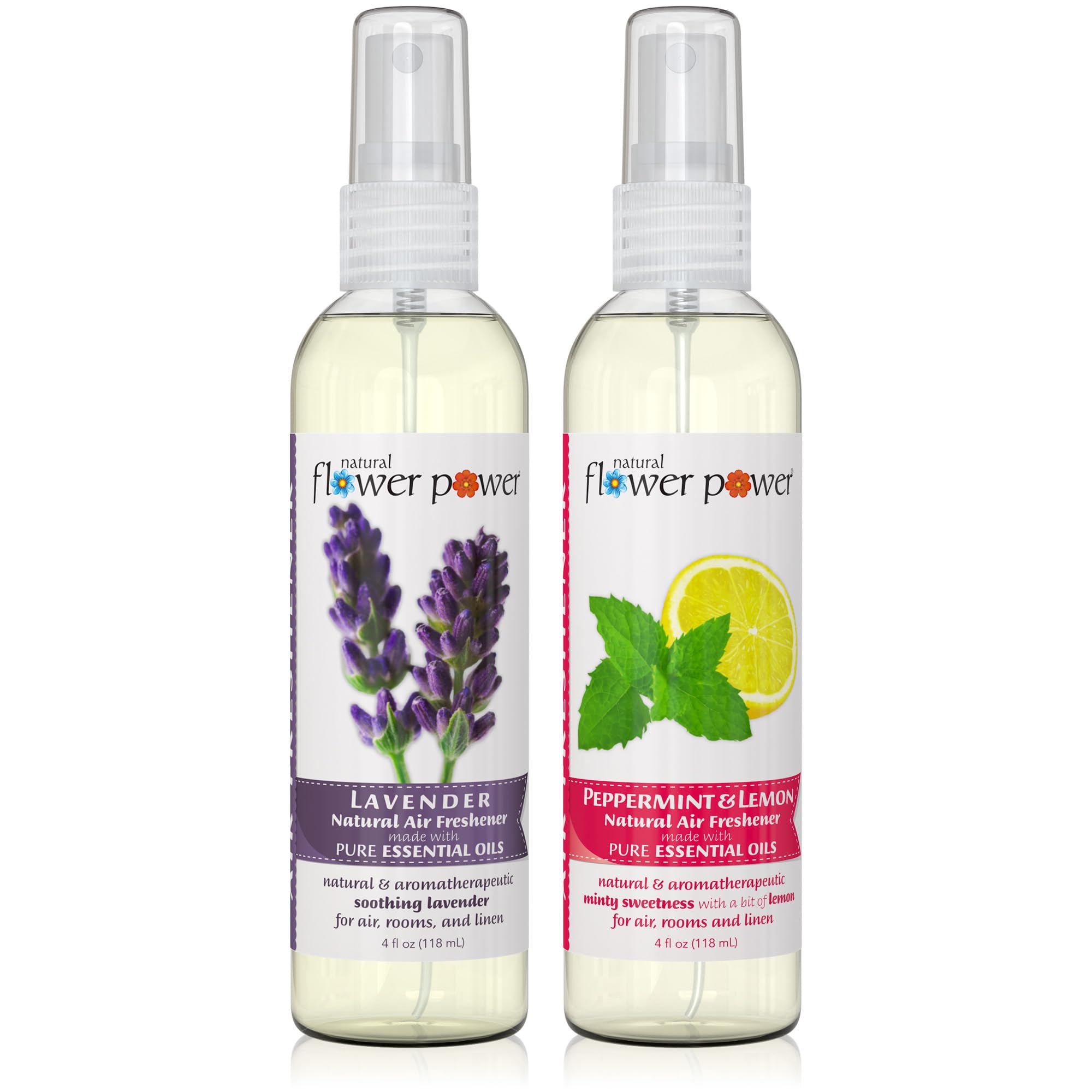 Natural Flower Power Air Freshener Spray - Odor Eliminator with Essential Oils for the Home, Car &amp; Fabric - Cruelty Free &amp; Vegan - Lavender + Peppermint &amp; Lemon - 2 x 4 oz