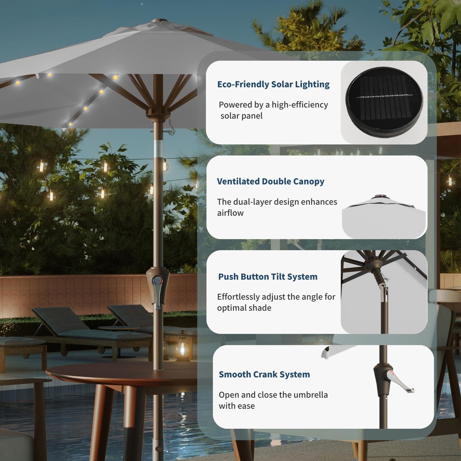 11-foot solar-powered cantilever patio umbrella Outdoor Umbrella with Base & Solar LED Cantilever Umbrellas 10' Round / Navy Blue