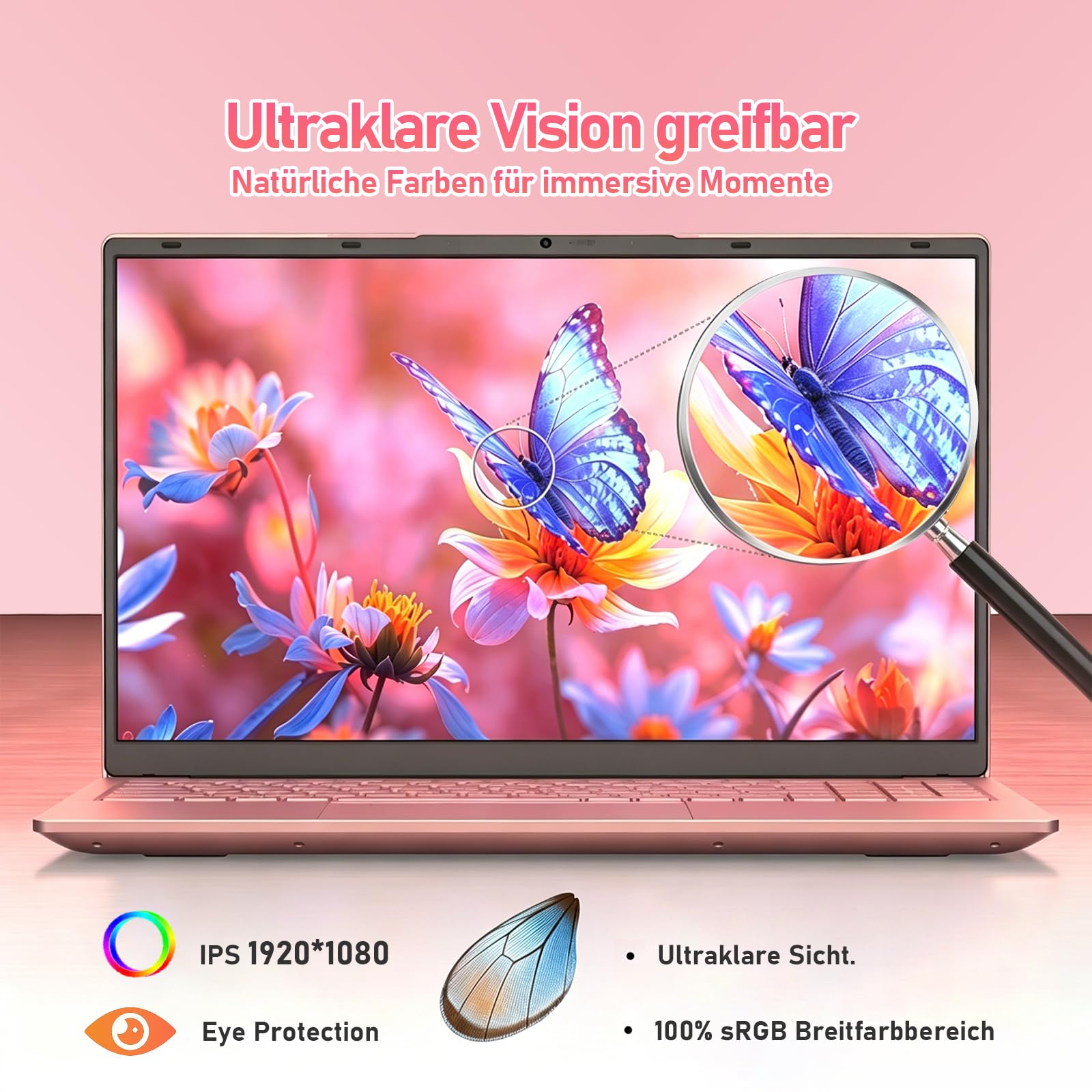 Laptop 15,6 Zoll Rosa, AMD Ryzen 3000er-Serie, 8 GB RAM, 256 GB SSD, Windows 11 Pro, FHD IPS Notebook, Wi-Fi 6, vollwertiges USB-C, Fingerabdruck, beleuchtete Tastatur