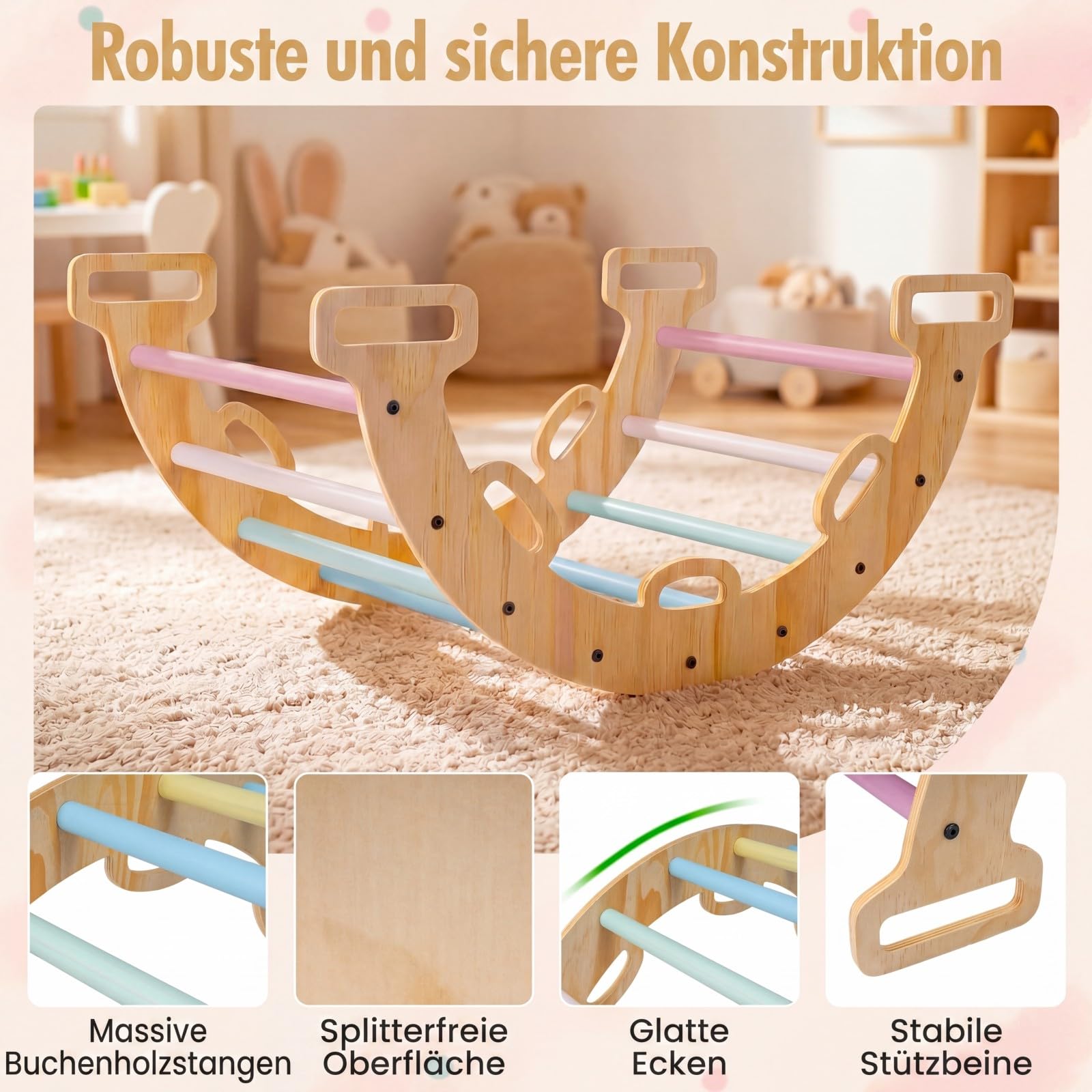 COSTWAY Kletterbogen Holz mit Kissen, Montessori Kletterwippe, Kletterdreieck zum Wippen, Klettern und Krabbeln, Bogenwippe, Regenbogen, Indoor Klettergerüst für Kinder ab 3 Jahre (Macaron)