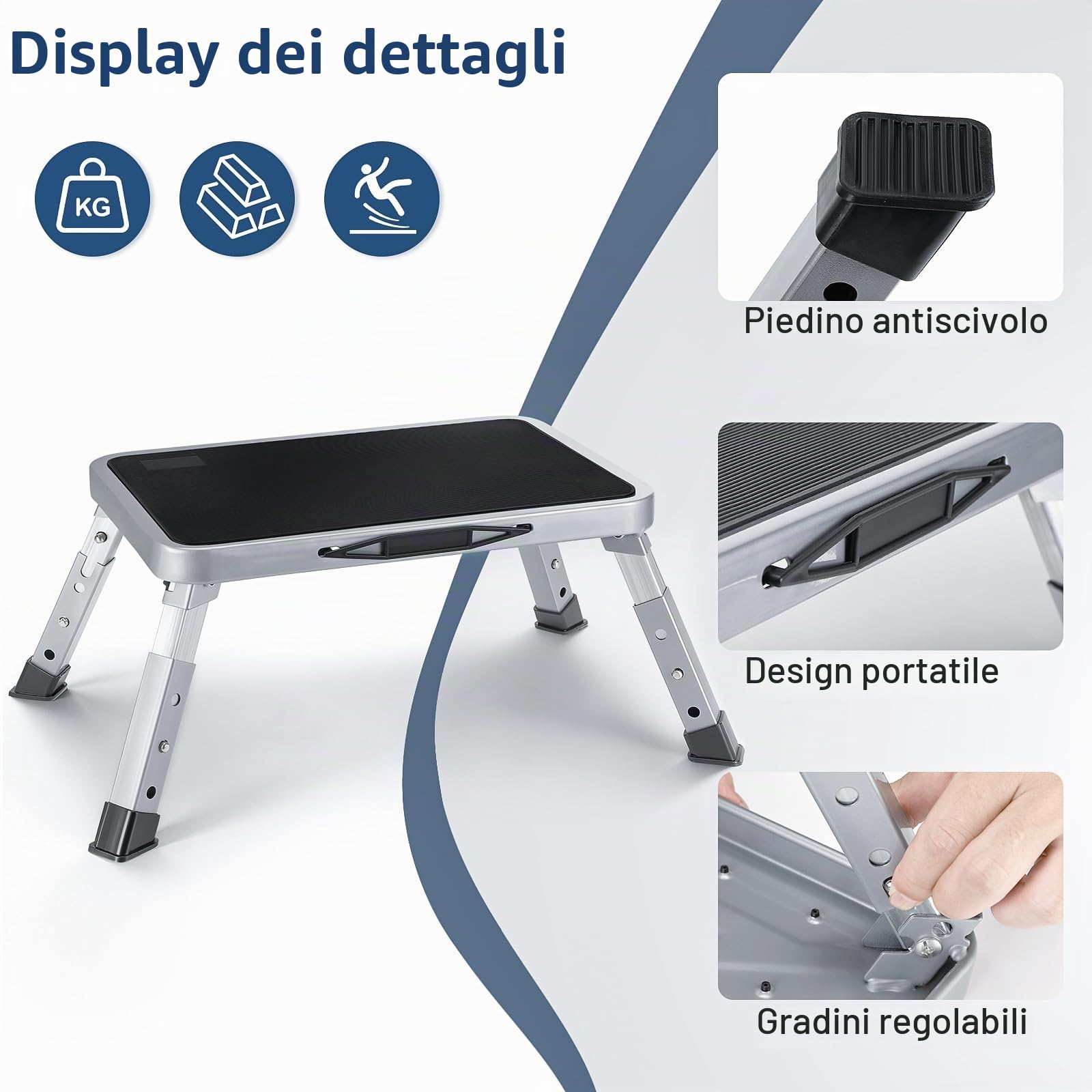Sgabello Pieghevole in Acciaio, Sgabello Pieghevole Portatile con Scalino Antiscivolo Gomma Spessa, Portante 150 kg, Scaletta Pieghevole 3 Gradini per Camper, Cucina, Ufficio