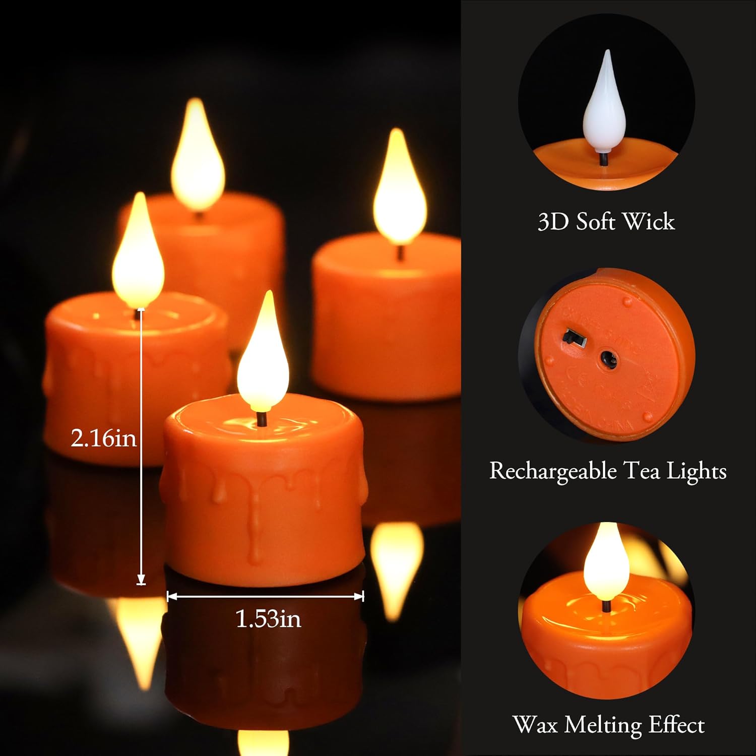yunsheng 12PCS Orange Rechargeable LED Tea Lights Candles with Remote Timer, 3D Wick Flickering Flameless Pumpkins Lights, Warm White Electric Fake Candles with 2USB Charging Cable, Home Decor