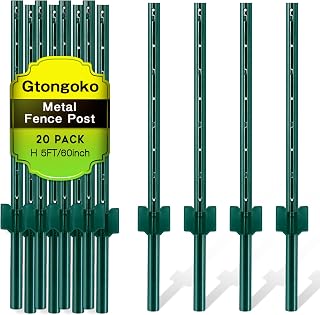 Gtongoko 20 Pack 5FT Heavy Duty Metal Fence Posts,Green U Channel No Dig Fence Stakes with Anchor Plate, Steel Posts for Wire Fencing, Garden Protection, Animal Barrier, Yard & Farm Boundary