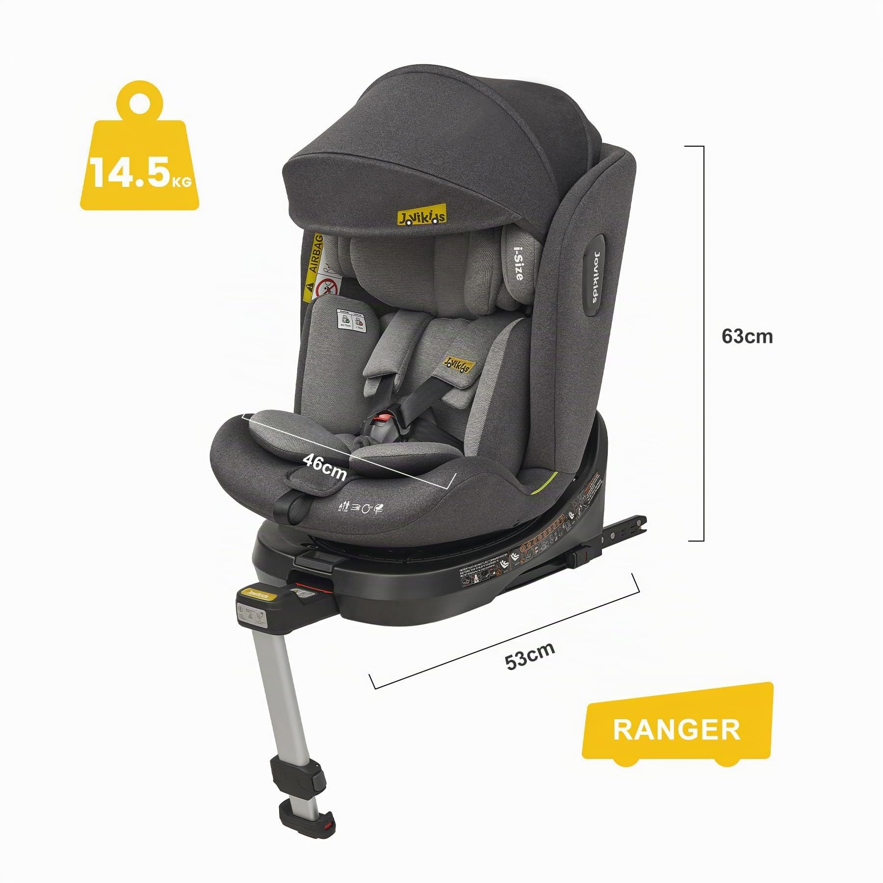 Jovikids I-size Silla Coche Bebé Grupo 0 1 2 3 ISOFIX, Giratoria 360 Universal, ECE R129, para Niños de 40-150cm, 0 Meses-12 Años, Pierna de Apoyo (Gris)