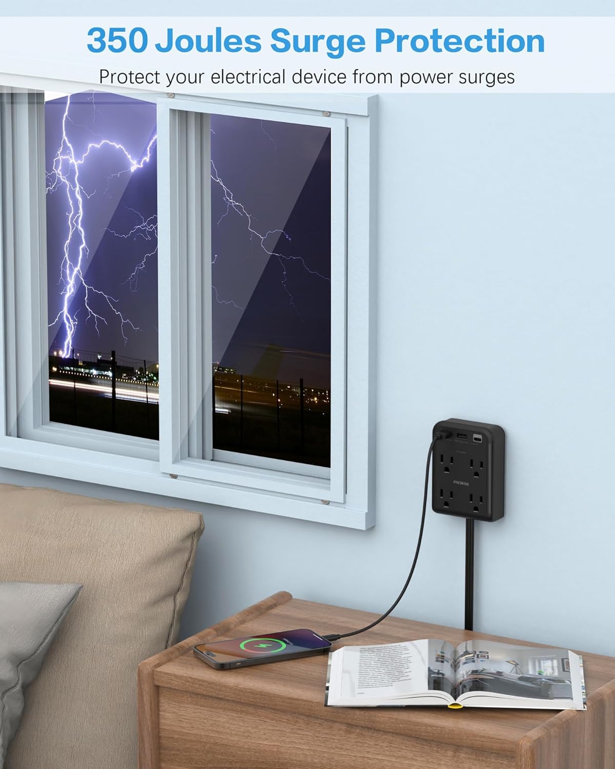 Flat Multi Plug Extender with 3 USB Wall Charger(1 Type C), 4 Outlet Wall Adapter, 4 ft Thin Extension Cord, Flat Plug Surge Protector Power Strip for Home, Office. Black