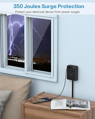 Miniatura 5 de Extensor de toma de corriente plana con puertos USB C, enchufe de pared de 4 tomas, 3 USB, cable de extensión ultrafino de 6 pies, regleta de