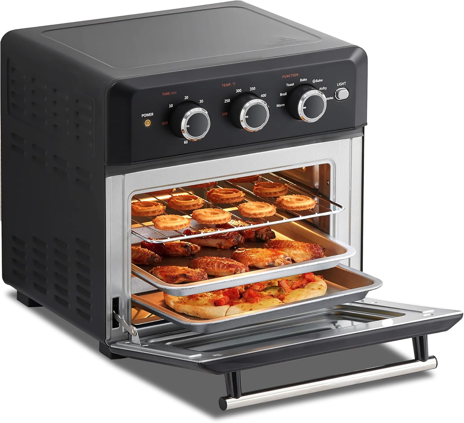 COMFEE' Retro Air Fry Toaster Oven, 7-in-1, 1500W, 19QT Capacity, 6 Slice, Rotisseries, Warm, Broil, Toast, Convection Bake, Black, Perfect for Countertop