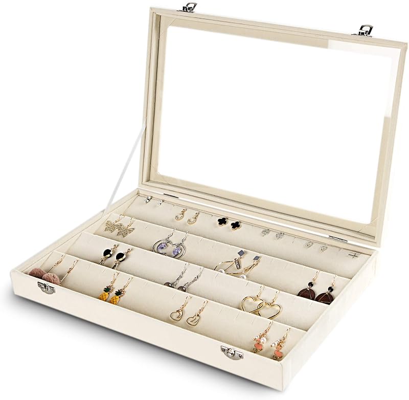 Frebeauty64 Organizador de aretes con ranuras, bandeja de joyería de terciopelo con tapa transparente | Forro de terciopelo, a prueba de polvo, con cerradura, organizador de joyas con cajón, almacenamiento de pendientes para tachuelas, vitrina de joyería, tapa de vidrio