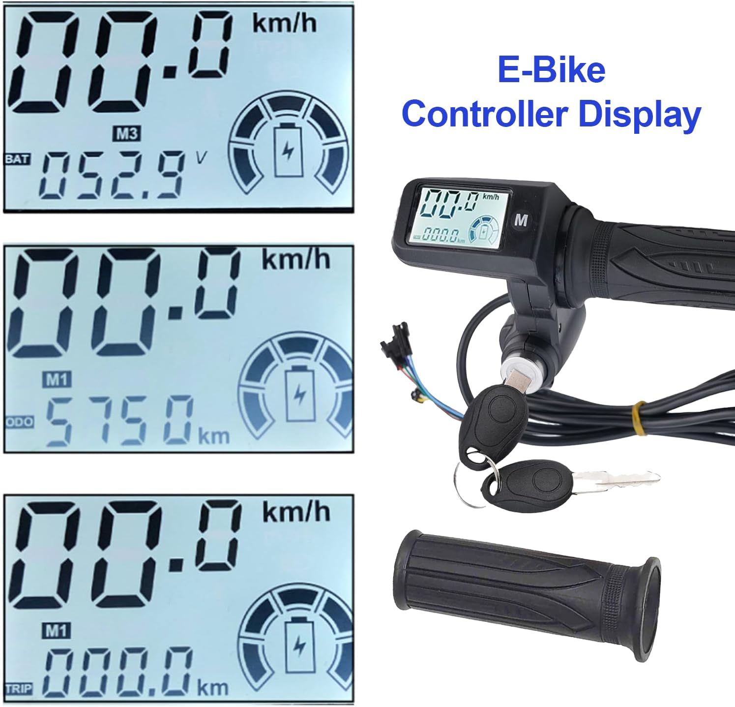 Full Twist Throttle, 8 Pin EBike Throttle 36V/48/60V Universal with 3 Speed Adjustment, LCD Speed Display, Key Switch, Electric Scooter Twist Grip for E-Bike, Motorcycle
