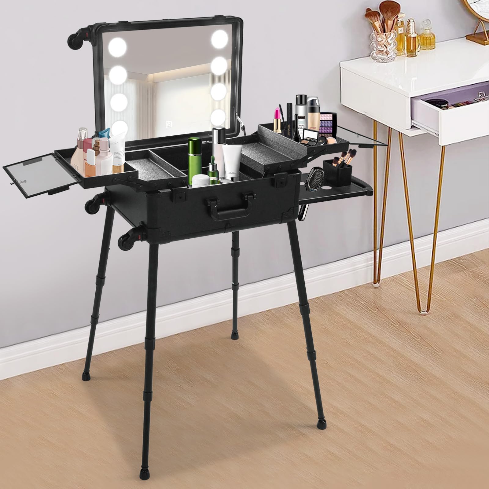Valigetta cosmetica 21 in trolley con illuminazione a specchio Rolling Makeup con luci a specchio, valigetta professionale da parrucchiere, 8 lampadine a LED con serratura e chiavi, gambe regolabili,