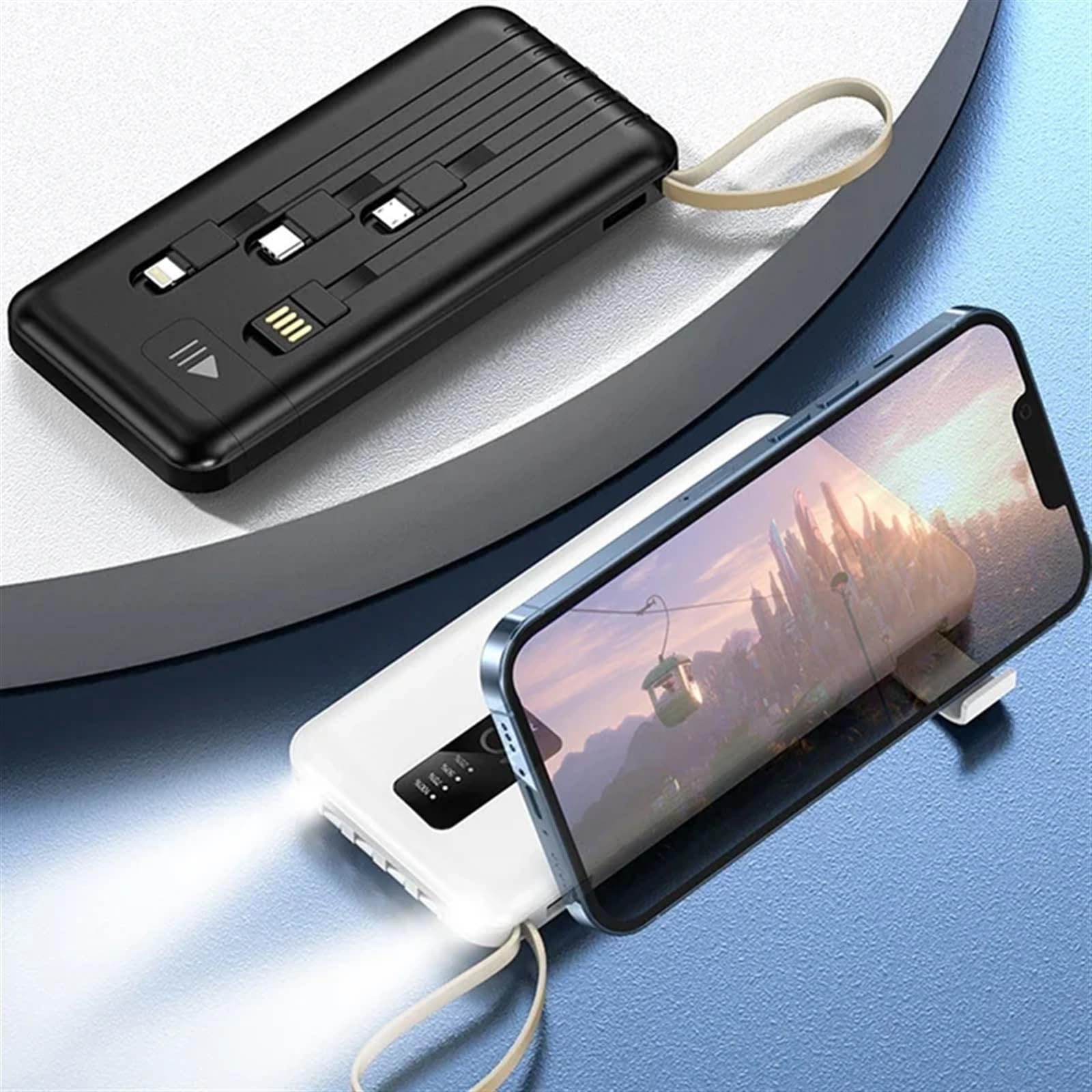 Slim Power Bank 20000 MAh Przenośna Zewnętrzna Ładowarka Do Baterii 10000 MAh Powerbank Wbudowany Kabel (Size : White20000mAh)