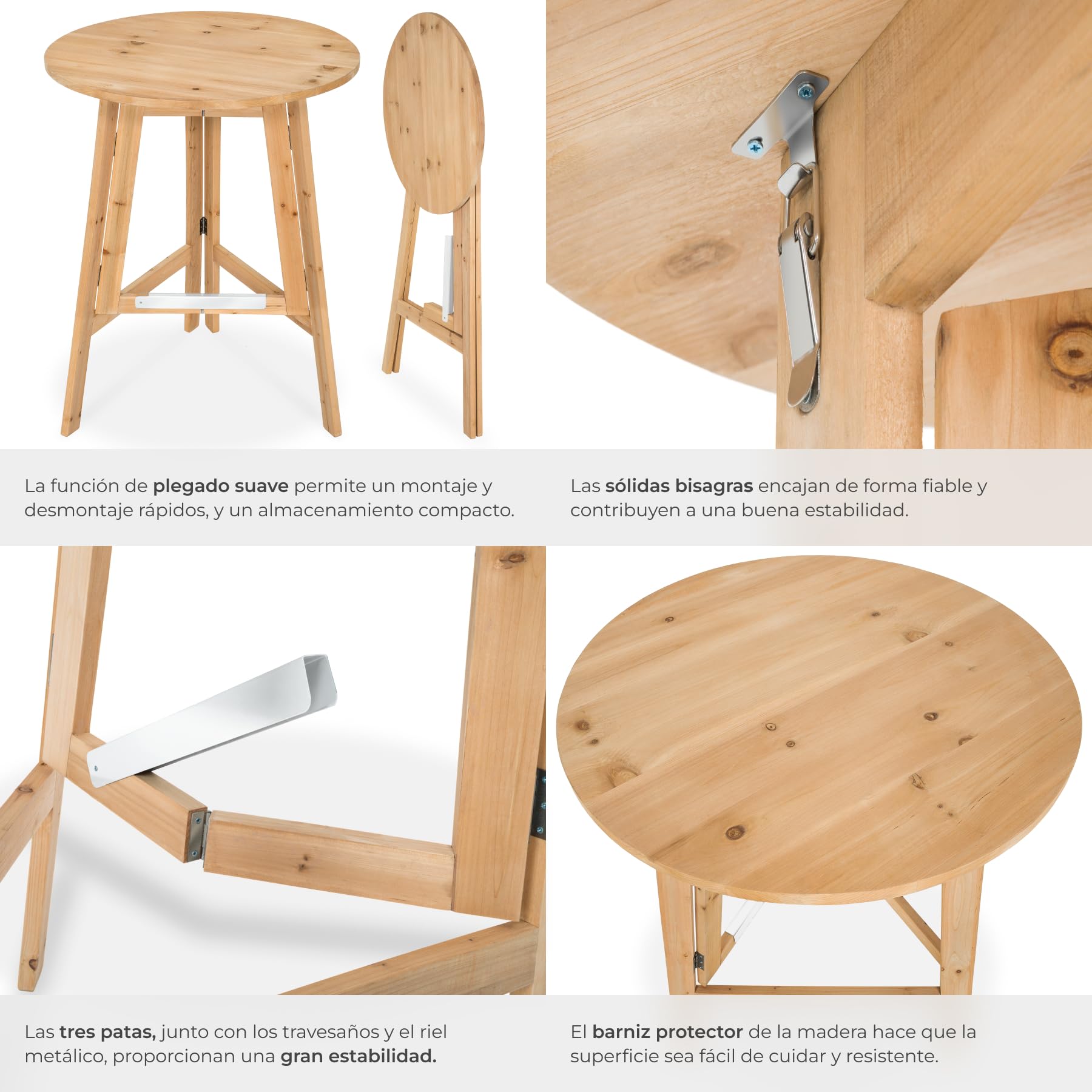 tectake® Mesa Alta Plegable de Madera Redonda con Barra de Metal para Mayor Estabilidad Mesa Alta Cocina Comedor Mesas Altas - 79 x 79 x 110 cm