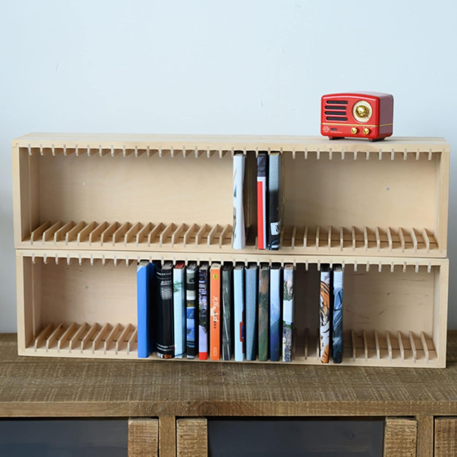 SOBS Natural Pine Wood CD DVD Rack CD Storage Shelf Box DVD Finishing Rack Dish Storage Rack CD Holder DVD Collection Display Shelf - Holds 35 CD Jewel Cases