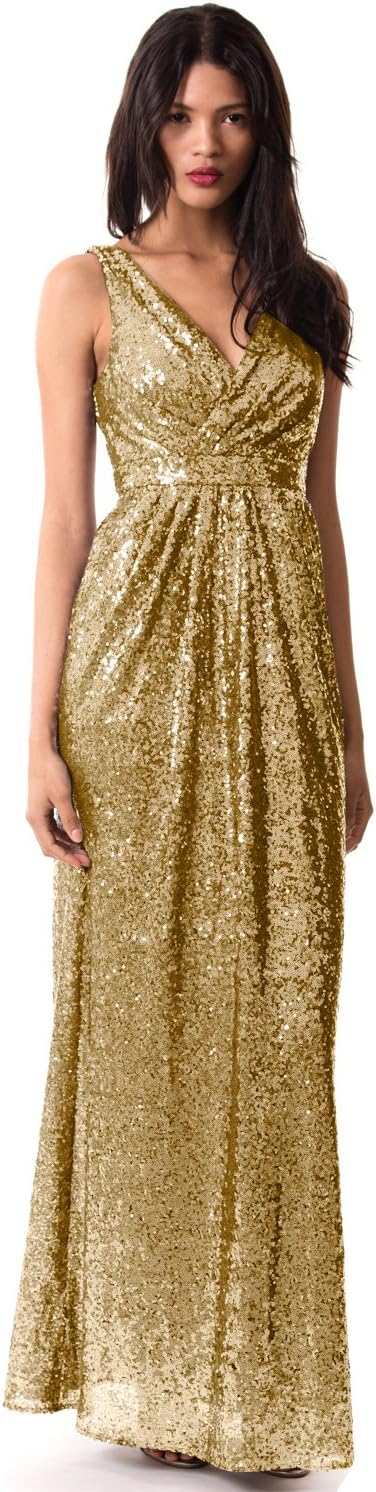Women's Sleeveless Deep V Neck Sequined Evening Gown Ruched Bodice (10, Gold)