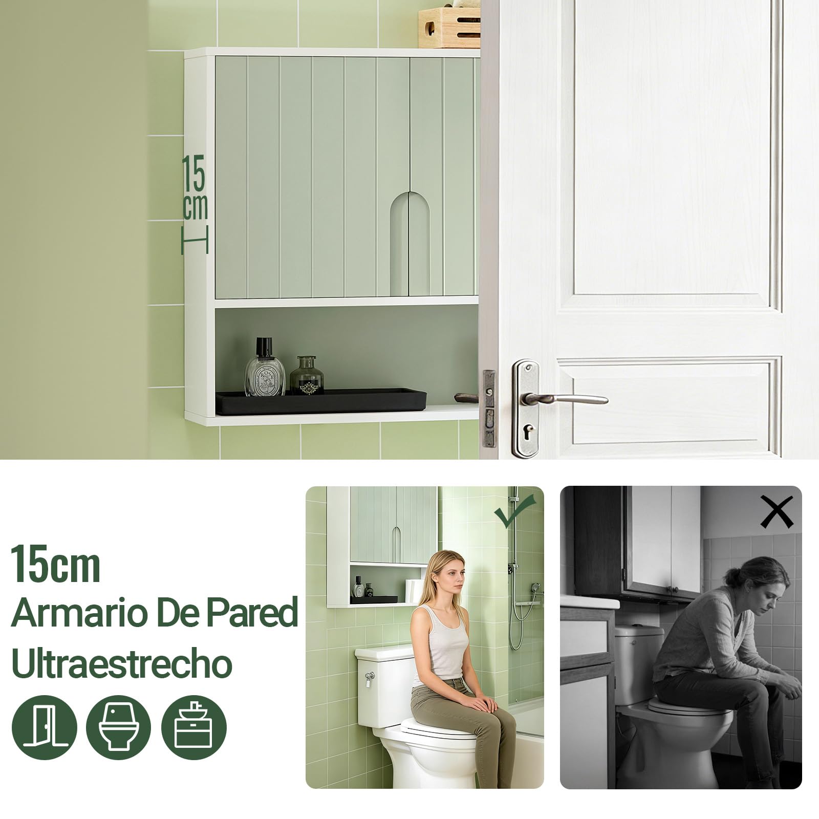 SoBuy Armario Baño Pared Mueble Baño Colgar Suspendido, Armario de Pared Ultraplano 15 cm, Vitrina Mural Compacta, Mueble Pequeño, Estante Abierto, Bathroom Cabinet BZR140-GR