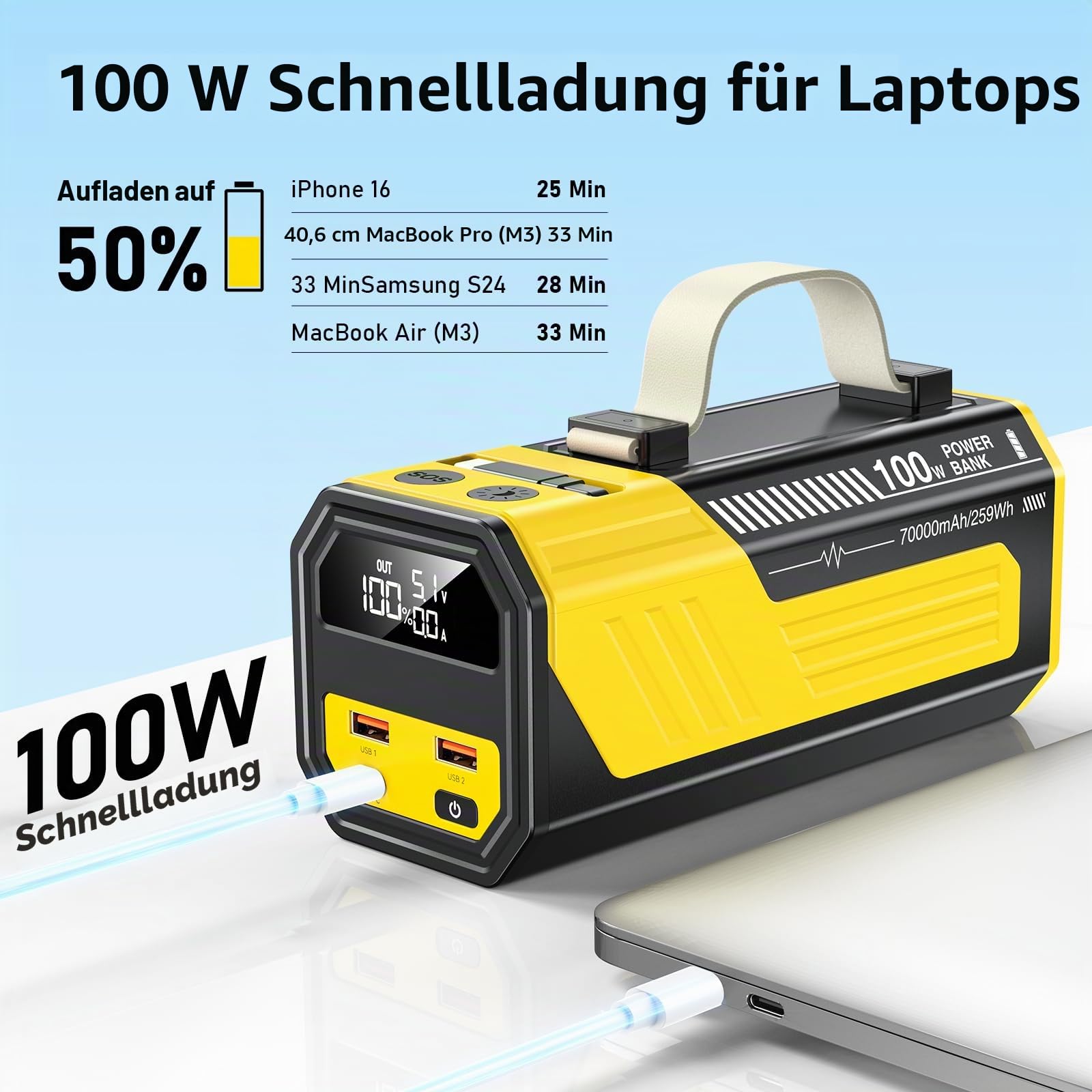 Laptop Powerbank 70000mAh, 100W Schnellladung Power Bank
