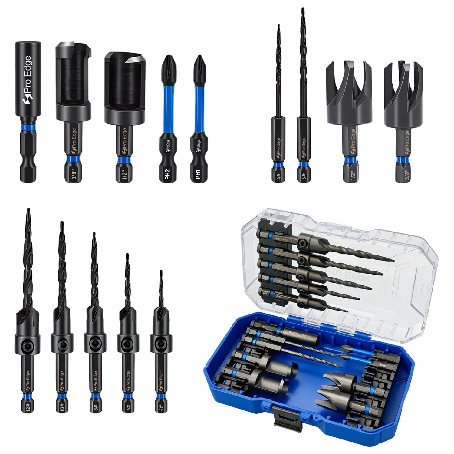17Pcs Countersink Drill Bit Set 1/4" Hex Shank Wood Plug Cutters | HSS Tapered Drill Bits with Screwdriver Bits Extendable Bit Holder Quick Change with Storage Case for Woodworking