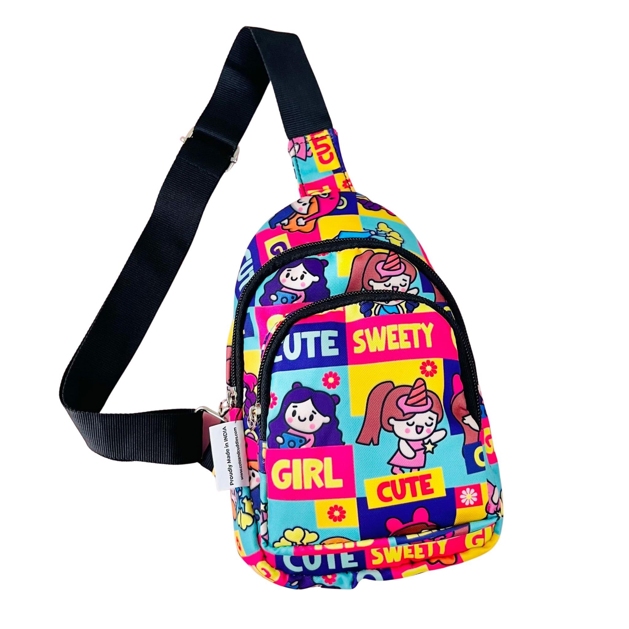 Cots and Cuddles 1pc Girl Print Colourful Cross body Bags for Boys and Girls Kids School, Picnic, Return Gifts, Office