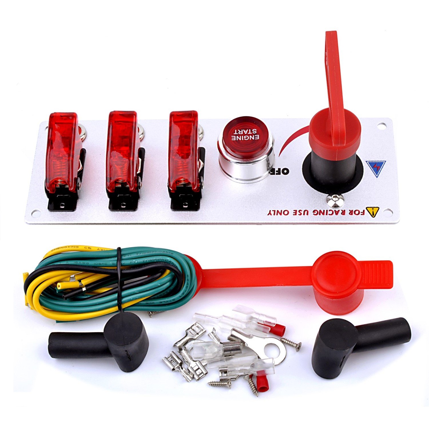 12V Racing Car Ignition Switch Panel with Engine Push Button Ignition Starter Switches Panel 5 in 1 Toggle Switches for Race Car Sport Competitive RV Truck Red LED Silver Panel