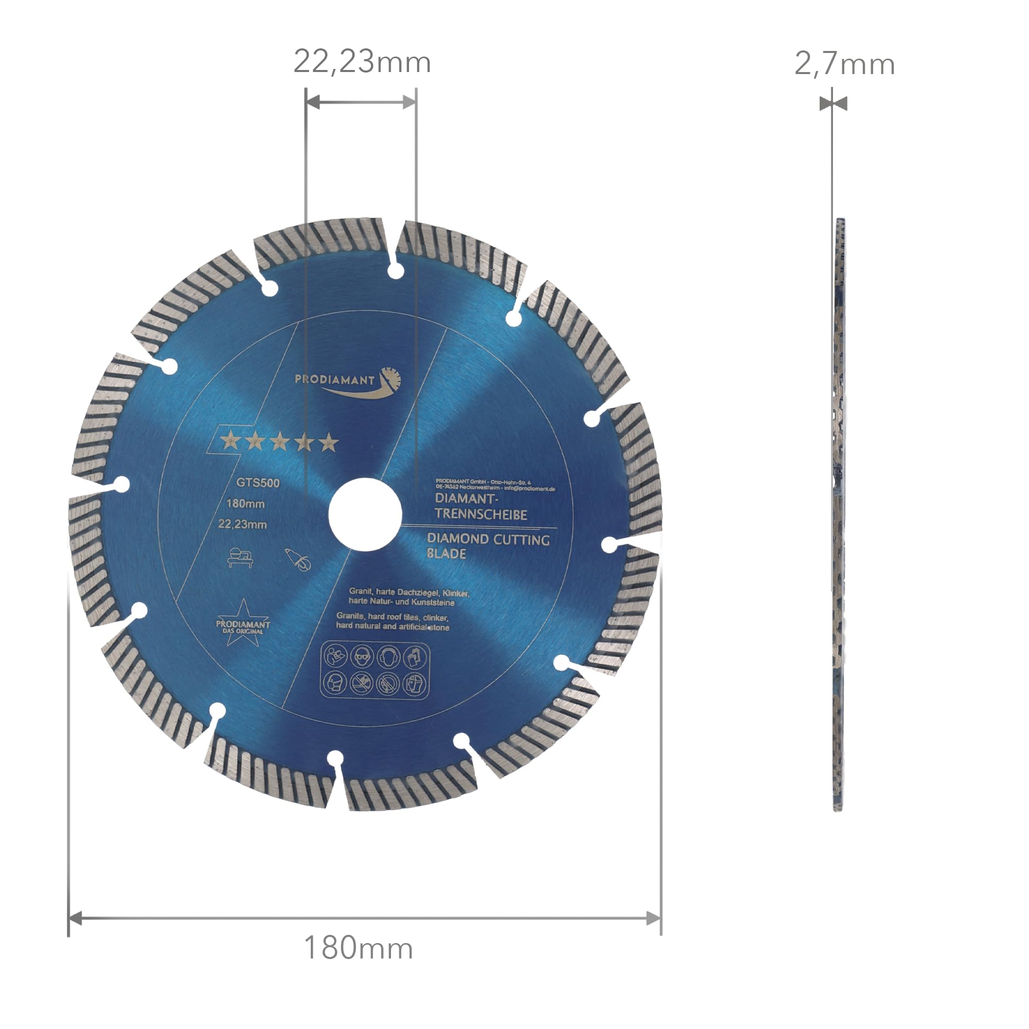 PRODIAMANT Fastcut Disco da taglio diamantato ad alta velocità 180 mm x 22,23 mm per materiali da costruzione molto duri come la pietra arenaria calcarea