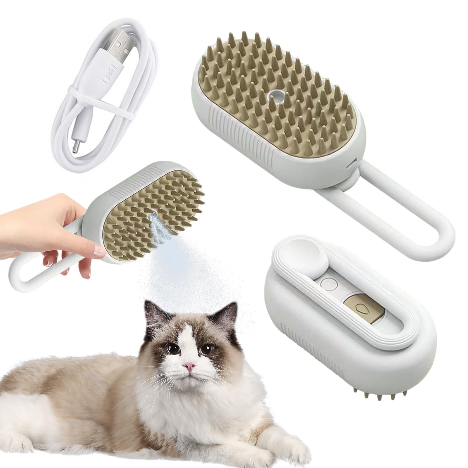 2 Pcs 2025 Cat Steamer Brush,3 in 1 Dog Cat Steamer Brush,Spray Mist Hair Removal Comb for Indoor Pet Grooming and Hair Removal Tool (White)
