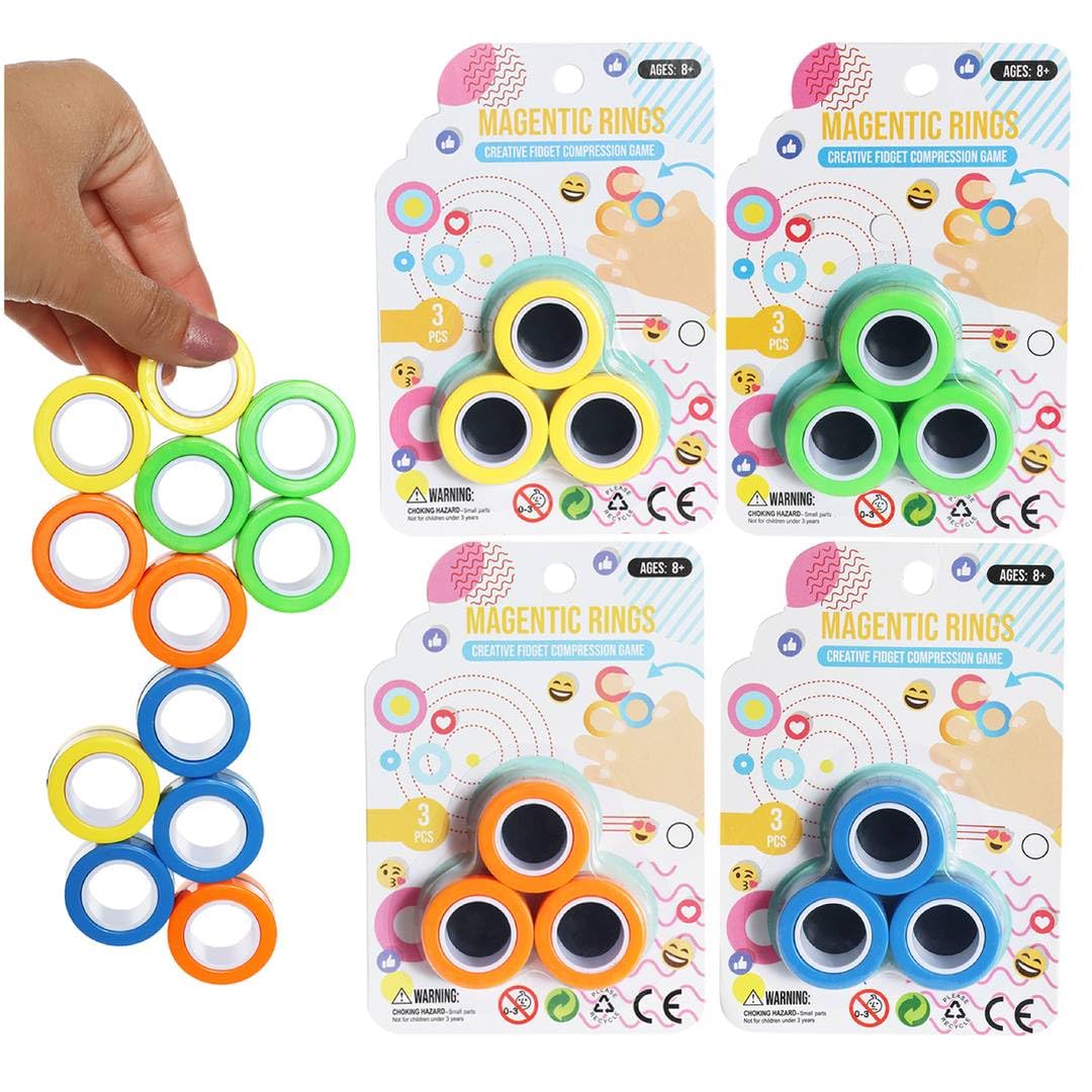 12 Pack Magnetic Fidget Rings Set - Multi-Coloured Sensory Finger Rings for Stress & Anxiety Relief - Portable Spinning ADHD Magnet Toys for Work, School and Home - Assorted Colours Sensory Gift