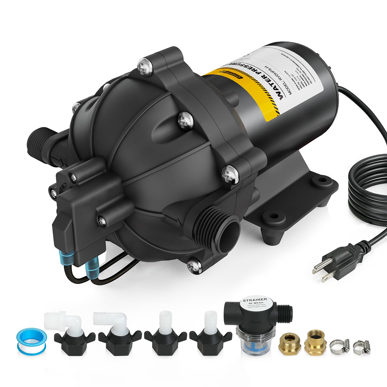 Gidrox 115V RV Water Pump, 7.0 GPM 70 PSI Diaphragm Pump, 110Volt Quiet Fresh Water Pump with Pressure Switch, Self Priming Pressure Pumps for RV Camper Boat Marine Food Truck, Dark Grey