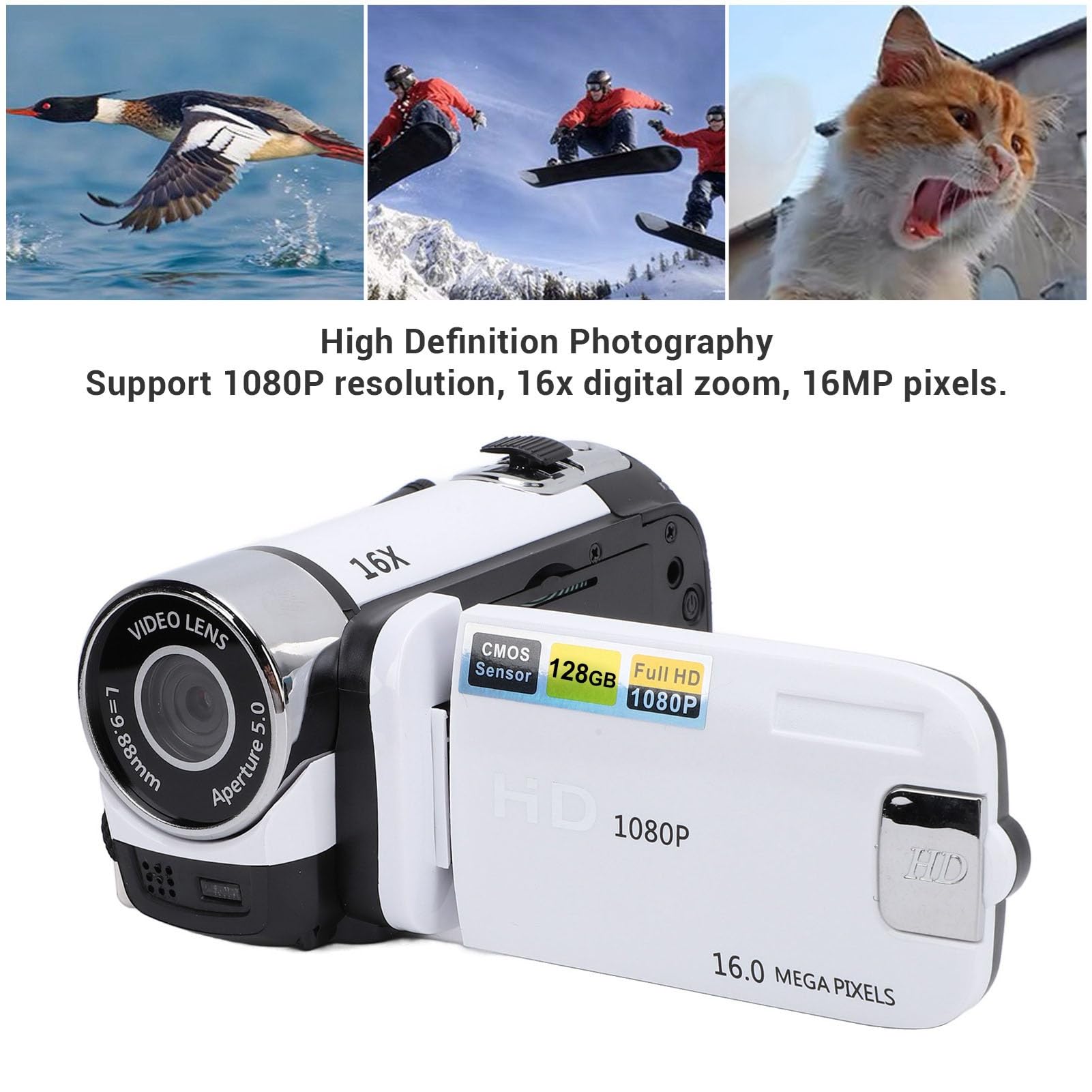 Asixxsix Videocamera con Zoom Digitale da 16 Pollici, Videocamera 1080P da 16 MP con Schermo da 2,4 Pollici con Luce di Riempimento, Uscita USB, Supporta Selfie e Microfono Esterno (WHITE)