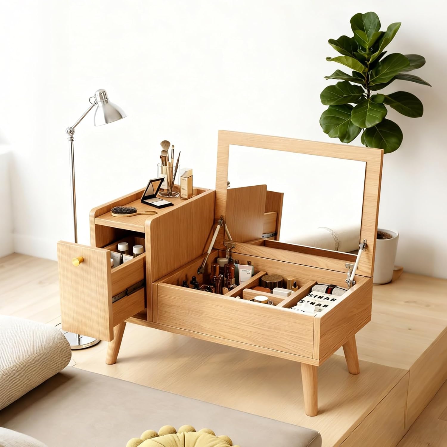 Solid Wood Vanity Desk with Plip Top Mirror Makeup Vanity Table with Storage Drawers Space Saving Dressing Table for Bedroom Dressing Room, Easy Assemble(Wood Color,60x56x45cm)