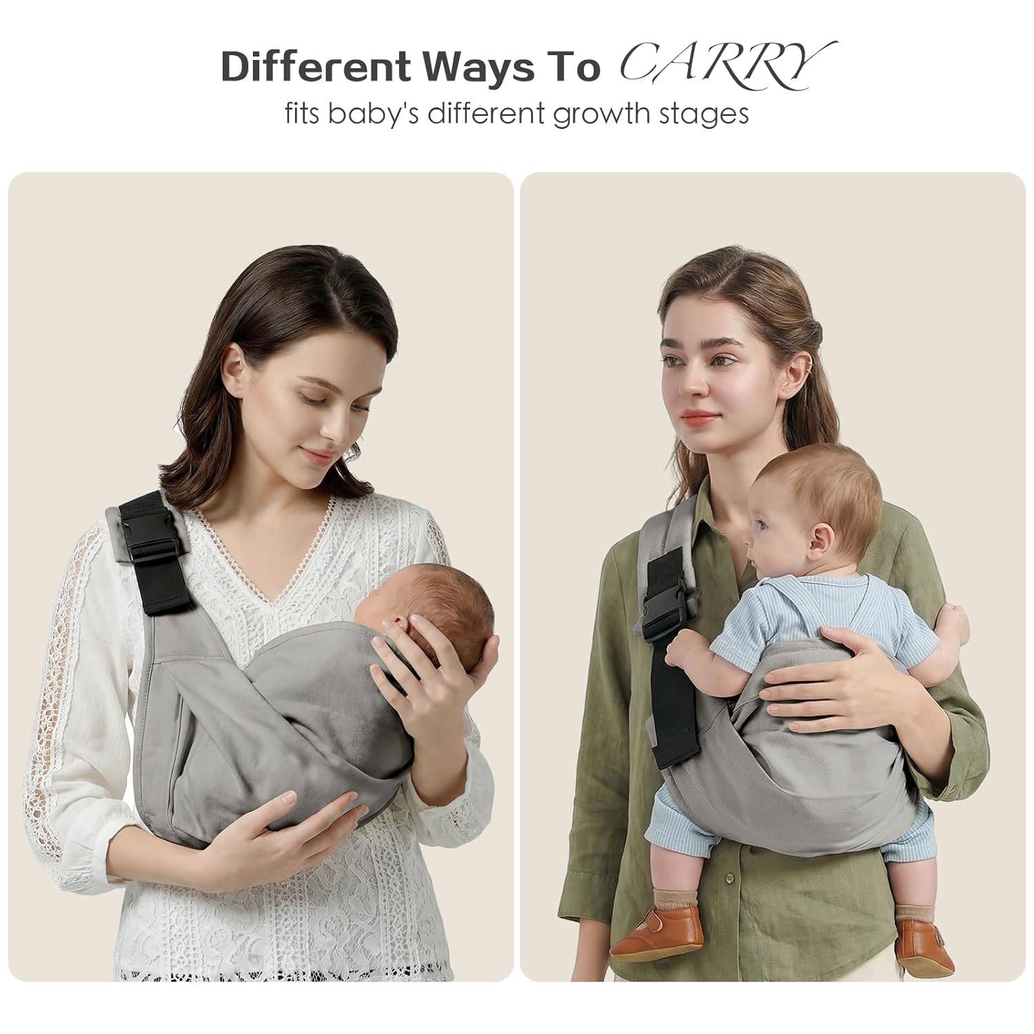 MISSWISDOM Baby Sling Carrier, Toddler Carrier Sling with Double Safety Buckle and Adjustable Shoulder Strap(7-30lbs), Baby Carriers One Size Fits All, Grey