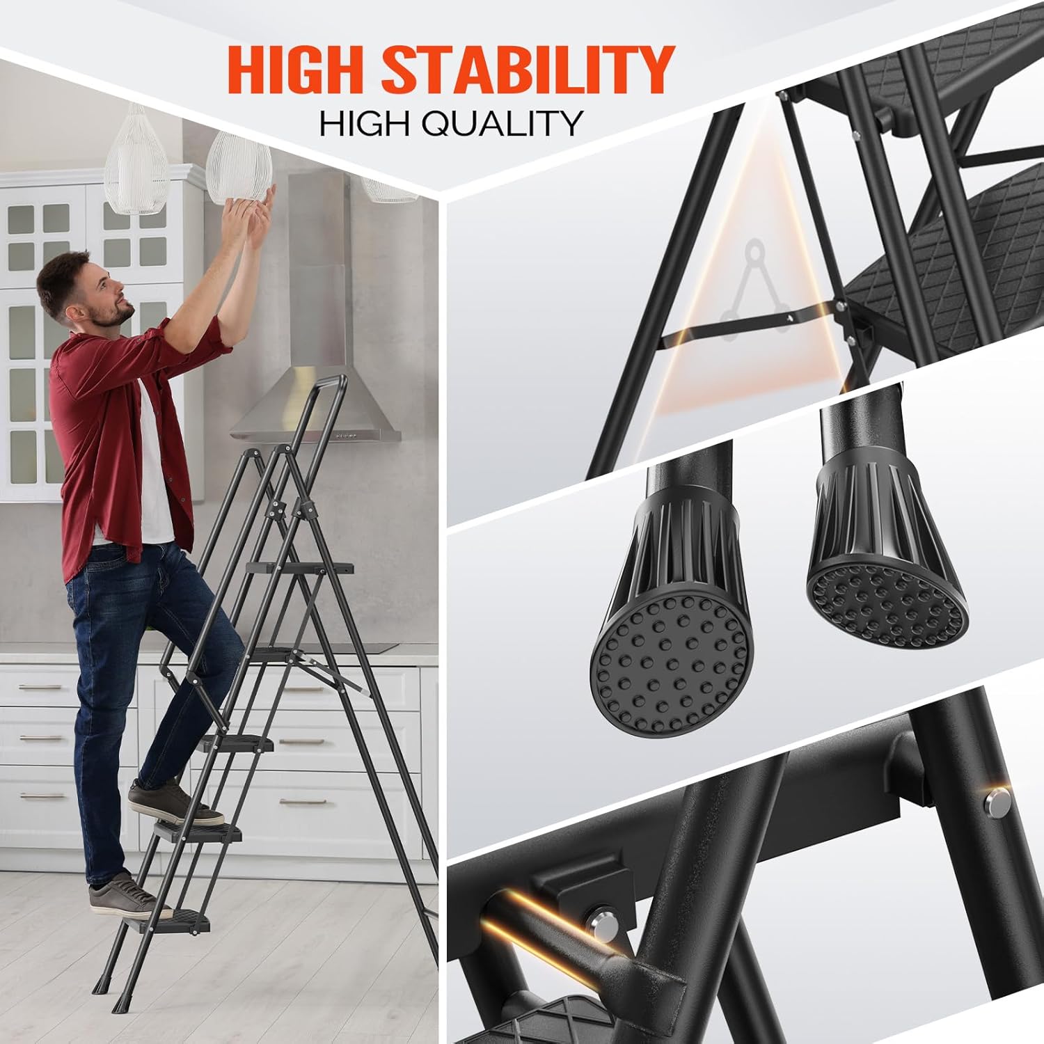 LUISLADDERS 5 Step Ladder with Handrails, Folding Step Stool with Widened Anti-Slip Pedal, 330lbs Lightweight Step Ladder 5 Step Folding, Multi-use for Home Kitchen Pantry Office, Black