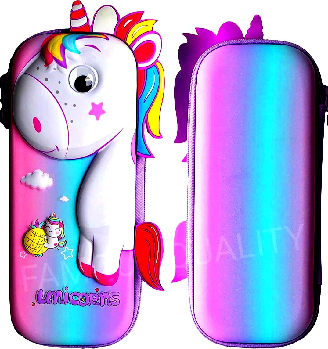 FAMOUS QUALITY Ethylene Vinyl Acetate (Eva) Stylish 3D Unicorn Pink Hardtop Pencil Case With Multiple Compartments, Kids School Supply Organizer Students Stationery Box (1 Pc Rainbow Color)