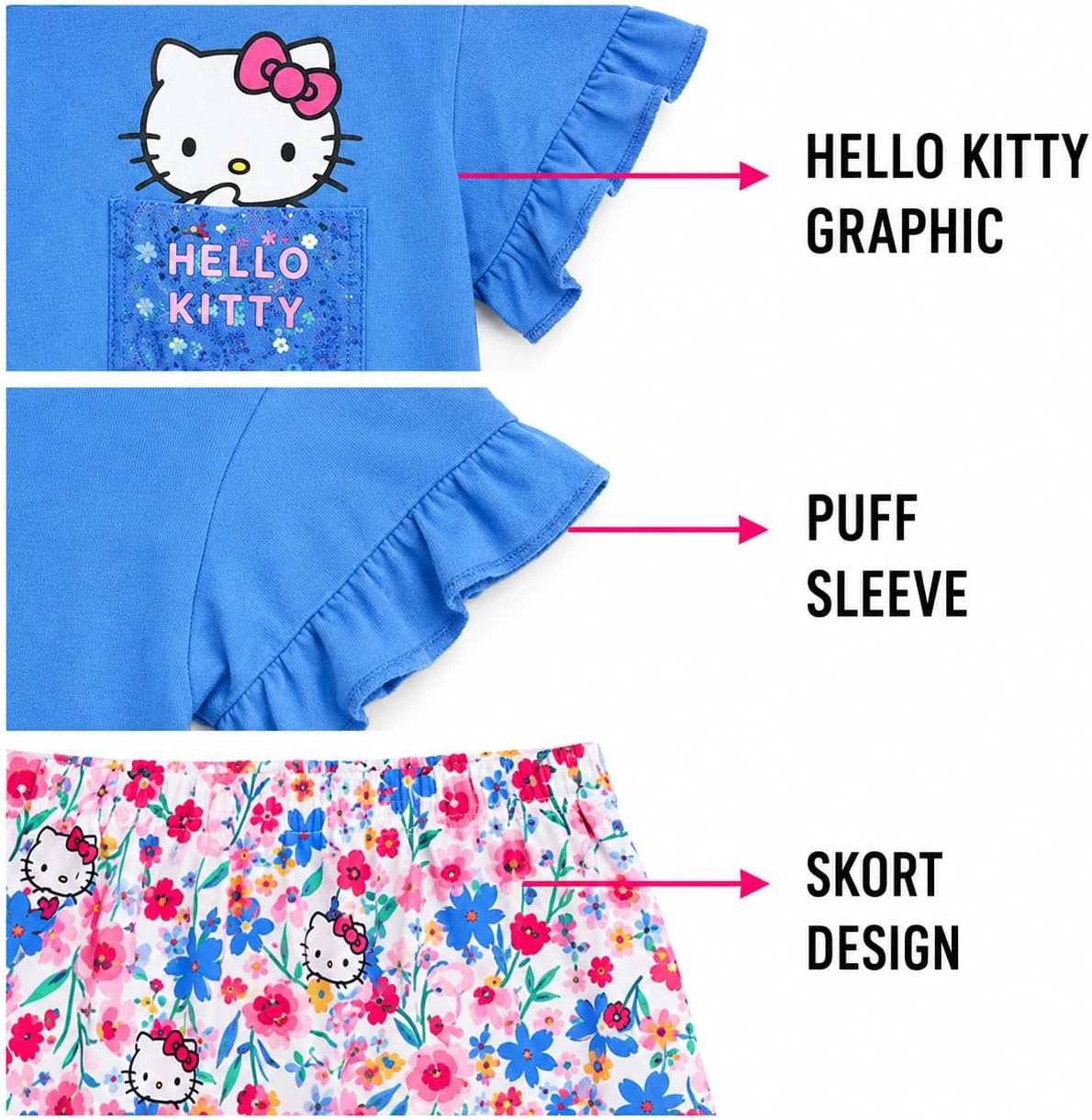 Hello Kitty Girls Skort Set - 2 Piece Graphic Crewneck Top and Short Skort Cute Outfit Set (Sizes: 2T-12)
