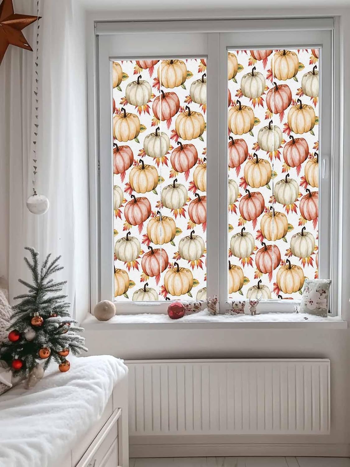 Fall Window Privacy Film Pumpkin Static Cling Window Film for Glass Windows Removable Decorative Sticker for Autumn Thanksgiving Home Party, 35" x 78" Pumpkin Autumn Leaves
