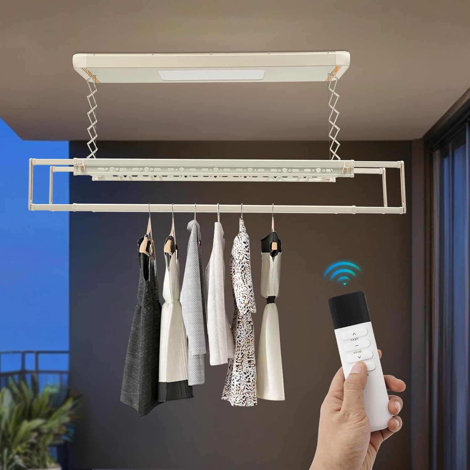 Electric Retractable Airing Rack, Ceiling Mounted Clothes Drying Rack, Retractable Clothesline, Vertical Laundry Drying Rod with LED Light & Remote, 110V 24W, Off-White Color