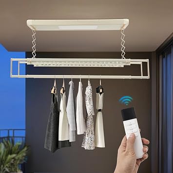 Electric Ceiling Clothes Drying Rack,110V Adjustable Ceiling Mounted Clothes Airing Rack with LED Light and Remote Control for Balcony,Hotels, Apartments (Off-White)