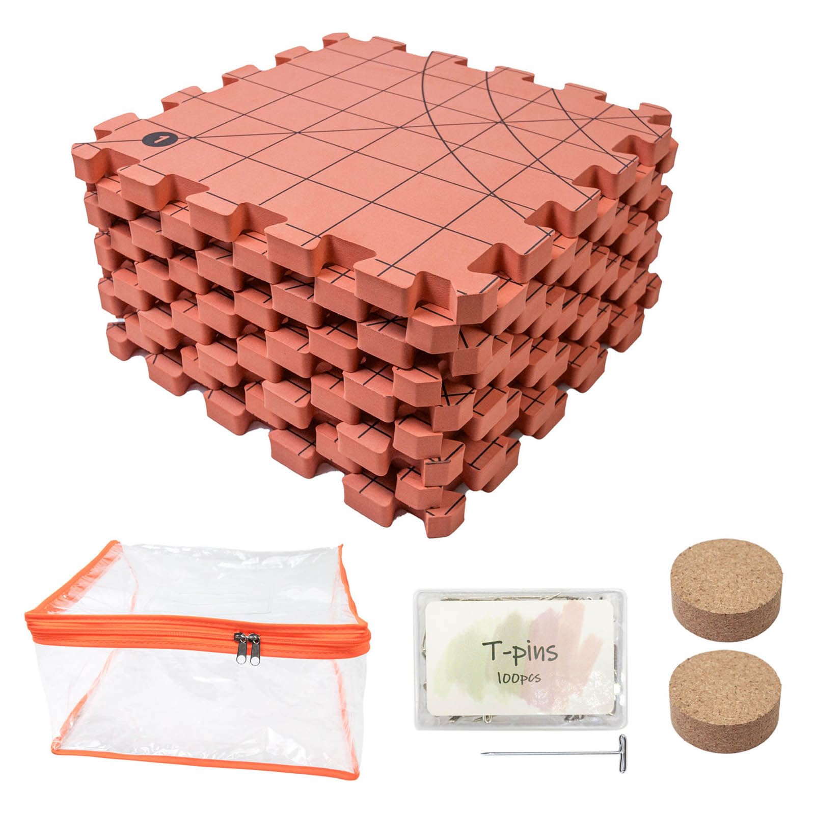 CRFFZ 9Pcs Crochet Blocking Board for Granny Squares Crafting 32x32cm Knitting Blocking Foam Mat with 100Pcs 38mm T Pin Foam Knitting Board