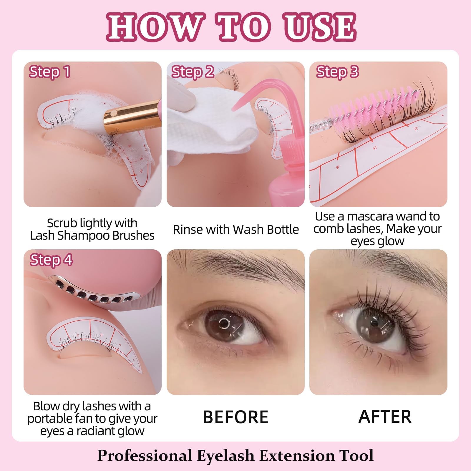 ATOMUS Kit de extensión de pestañas kit de cepillo de pestañas rosa microclaser aire acondicionado USB secador de pelo pinzas faciales espejo de pestañas botella de cepillo de pestañas