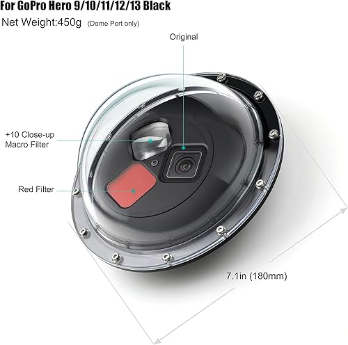 Miniatura 2 de Puerto domo para GoPro Hero 13, 12, 11, 10, 9 Black, lente de puerto domo con carcasa de buceo impermeable, gatillo, agarre flotante, filtro rojo