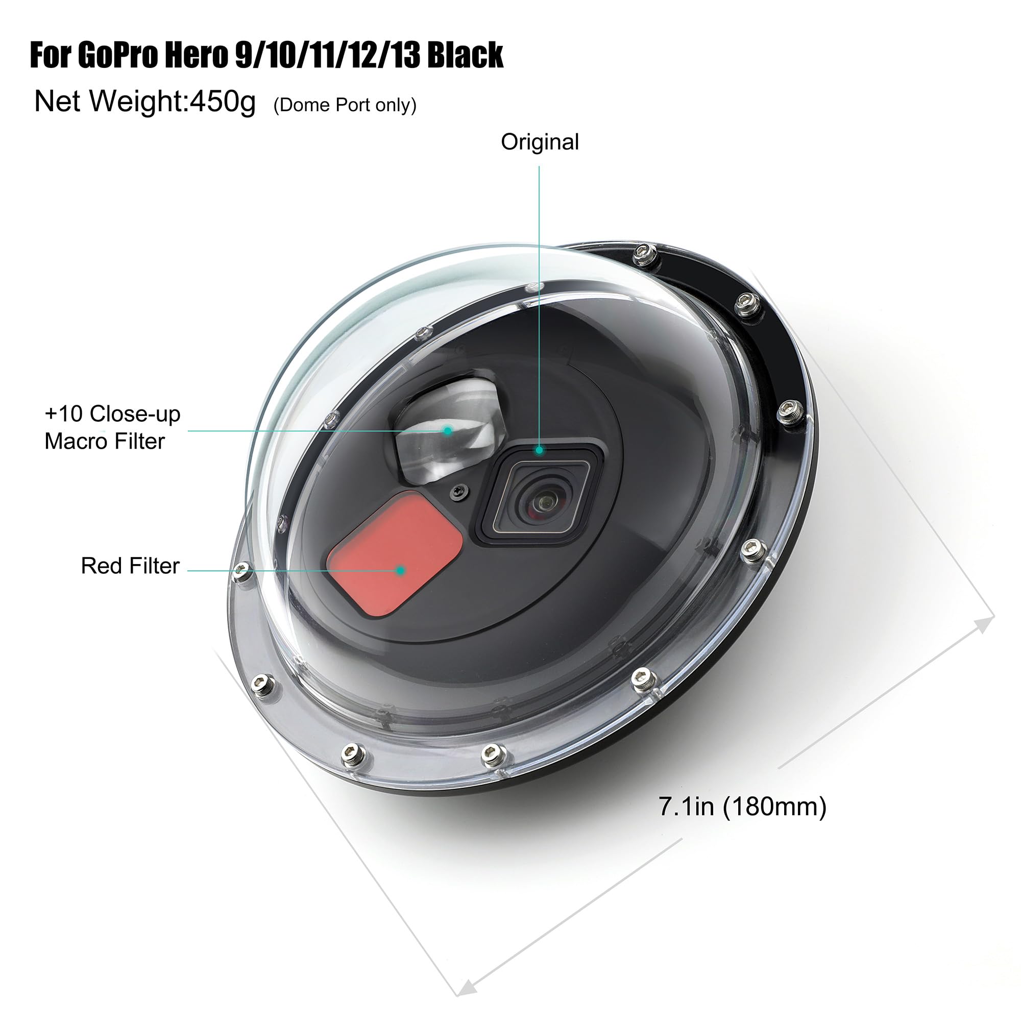 GEPULY Porta a cupola per GoPro Hero 12 11 10 9 nero, lente a cupola con custodia impermeabile subacquea, grilletto, impugnatura galleggiante, filtro rosso commutabile integrato e filtro macro HD 10x