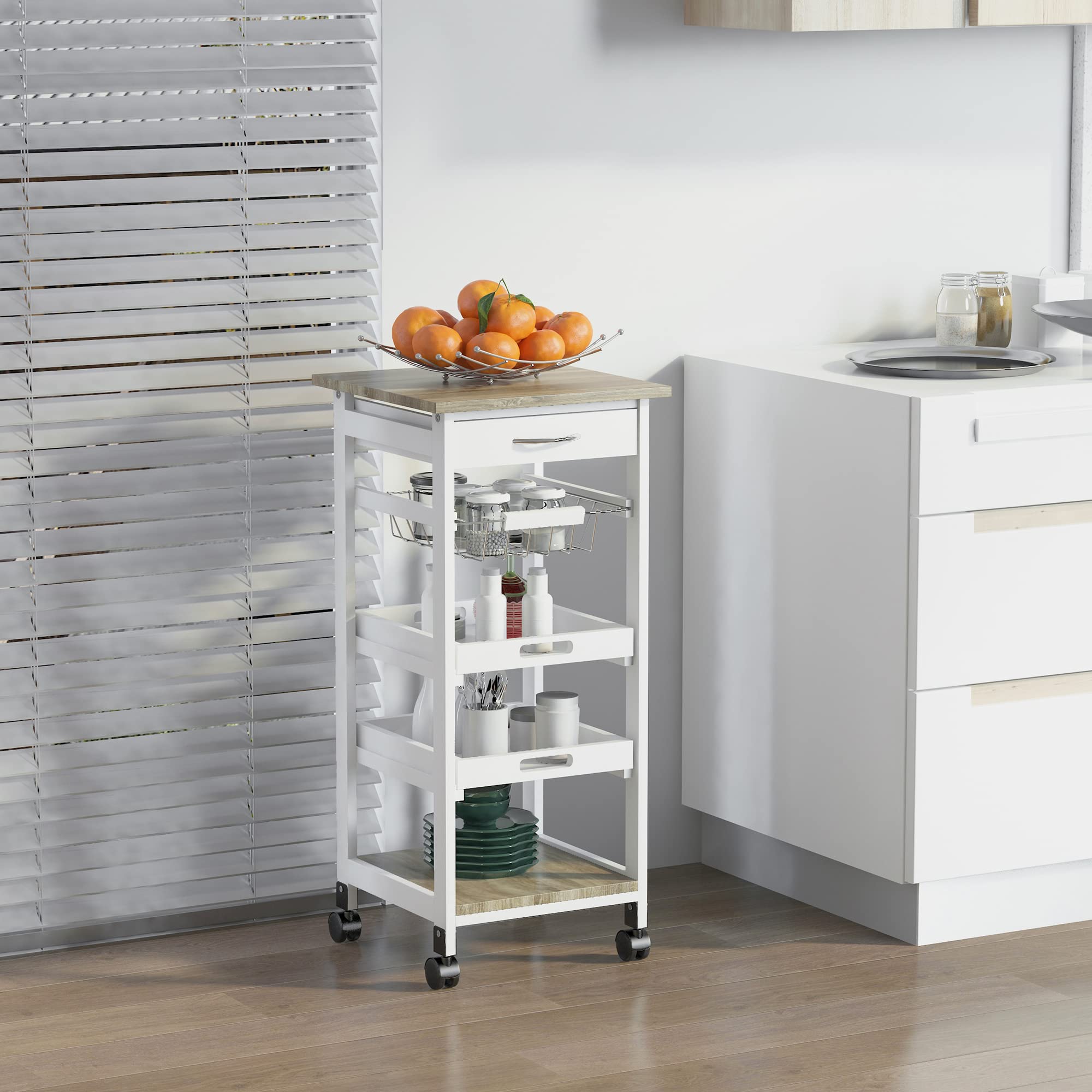 HOMCOM Chariot de Service Desserte de Cuisine à roulettes Blanc Chêne Clair | Panier, 2 Plateaux Amovibles, Tiroir, Étagère MDF Bois de Pin