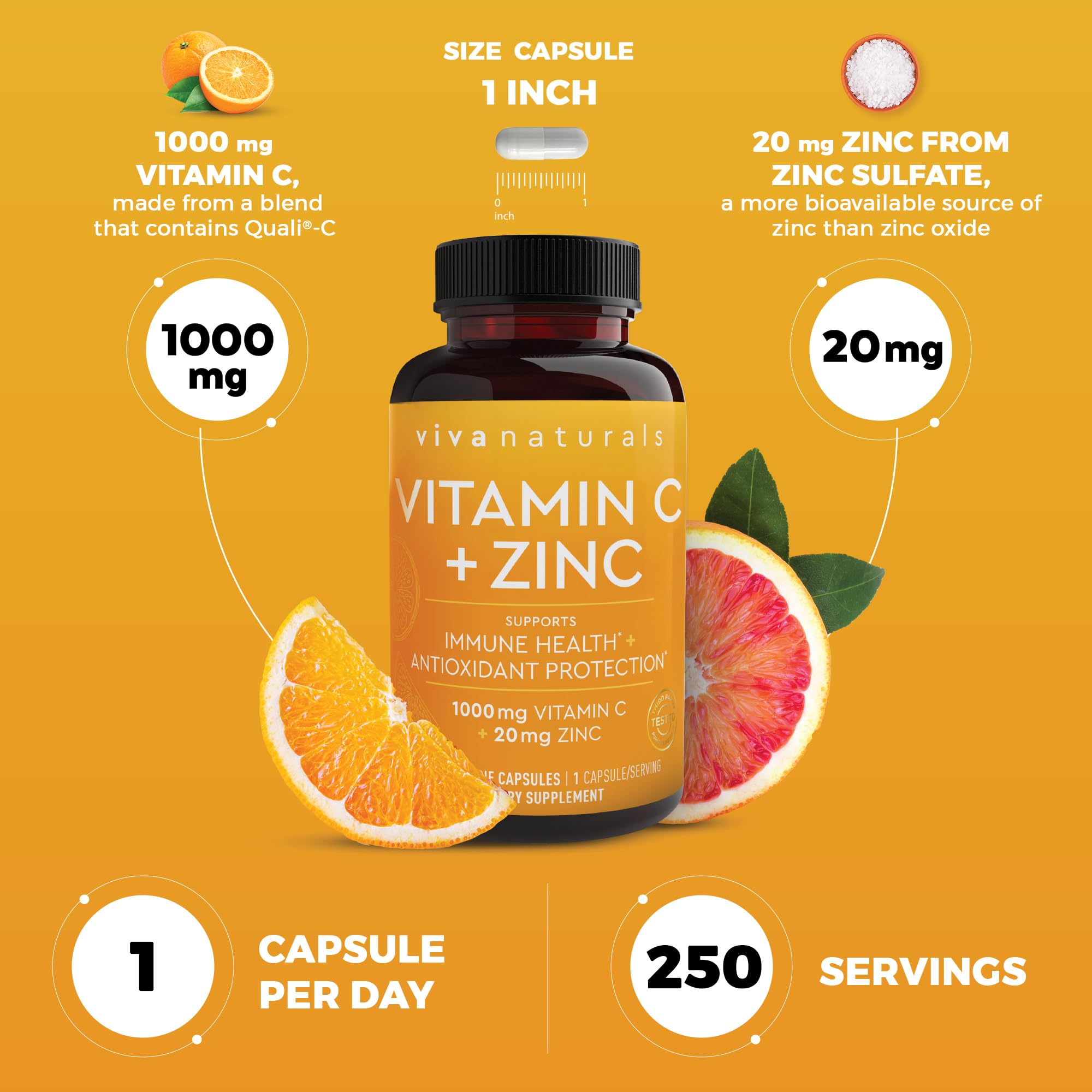 Viva Naturals Vitamin C and Zinc Supplements 1000mg - Zinc 20mg (250 Veggie Capsules) - High-Potency & Vitamin C with Zinc for Immune Support - Non-GMO, Gluten Free (8 Months Supply) — Amazon image 4