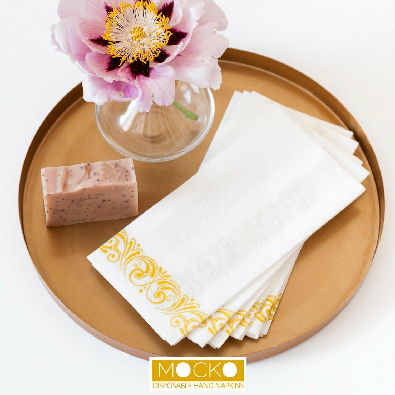 MOCKO Disposable Hand Napkins 17x12" 200 Pack | Soft & Absorbent Towels With Gold Floral Decoration | Air-Laid Linen Paper | For Wedding, Bathroom Guests, Kitchen, Birthday Parties, Powder Room (200)